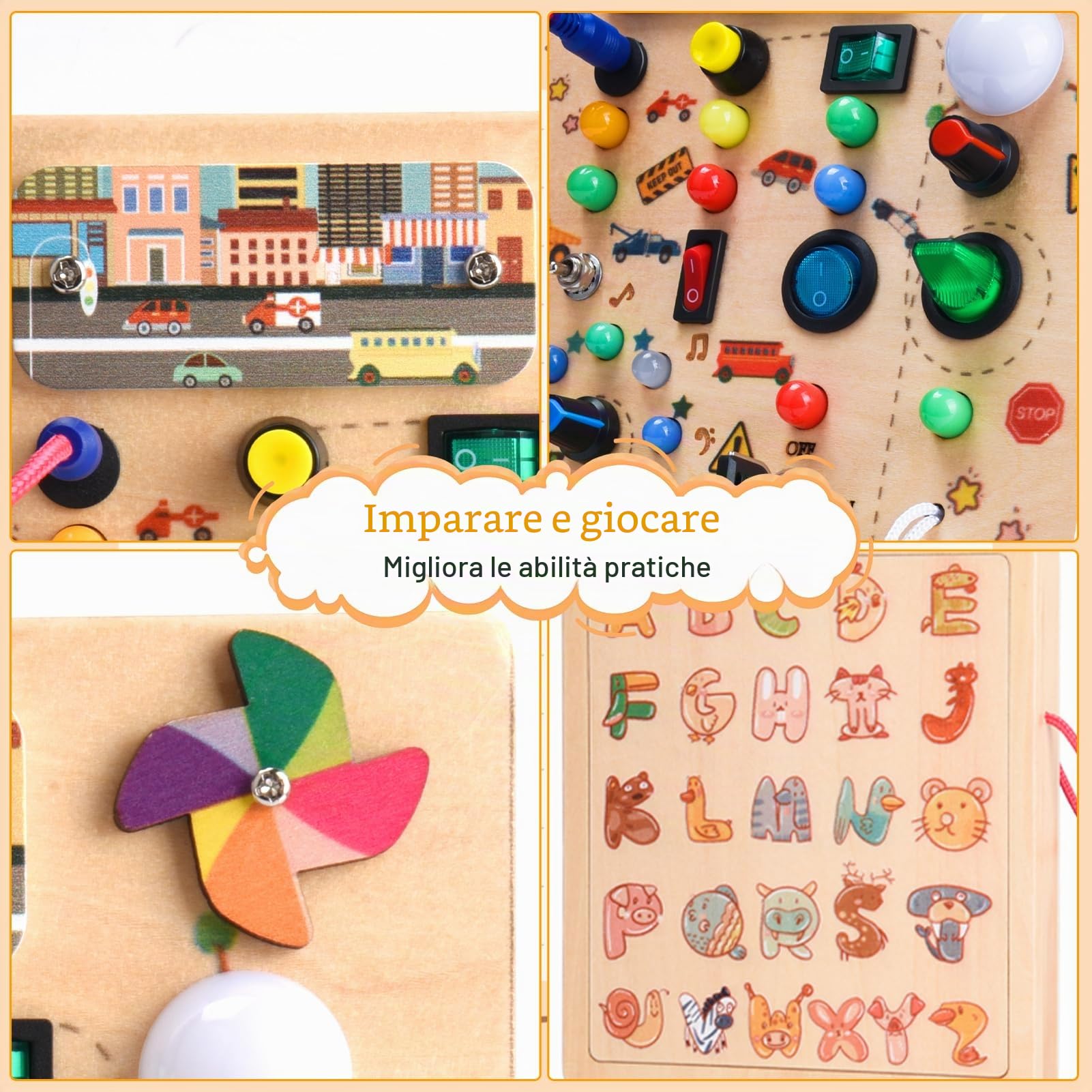 Nauotk Busy Board in Legno, Giochi Montessori per Bambini 2 Anno, Lavagna attività con 19 LED, Giochi Educativi Sensoriale del Bambino, Lavagna attività Portatile Regalo Bimbo 2 3 4 Anni