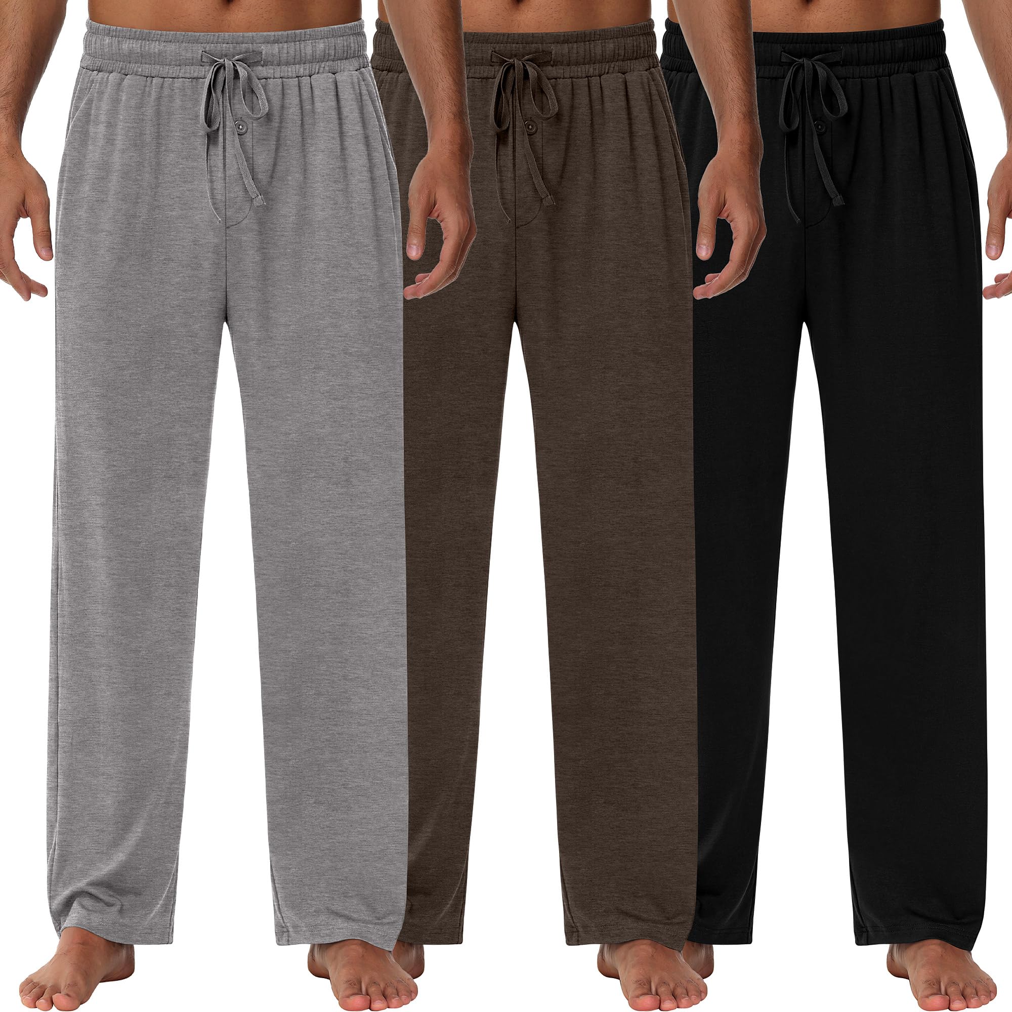 Neer 3 Pack Baggy Sweatpants for Men Knit Lightweight Lounge Pants Straight Leg Pajama Pant with Pocket(XL,Black, Cement Color, Chestnut Color)