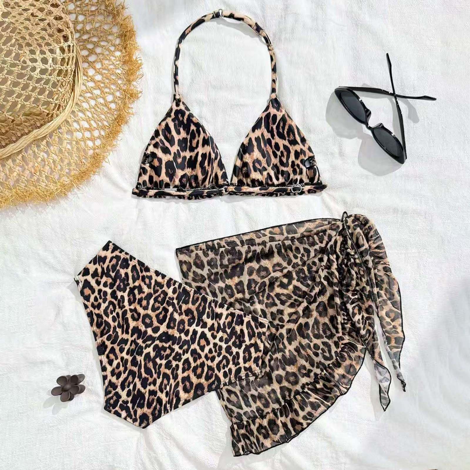 Maillot de Bain Deux Pièces Fille Bikini Volants Léopard Imprimé Maillot Bain Piscine Fille avec Haut Bas Taille Haute Confortable Ensemble Bikini pour Filles Plage Surf Léopard Maillots Bain 7-12 Ans