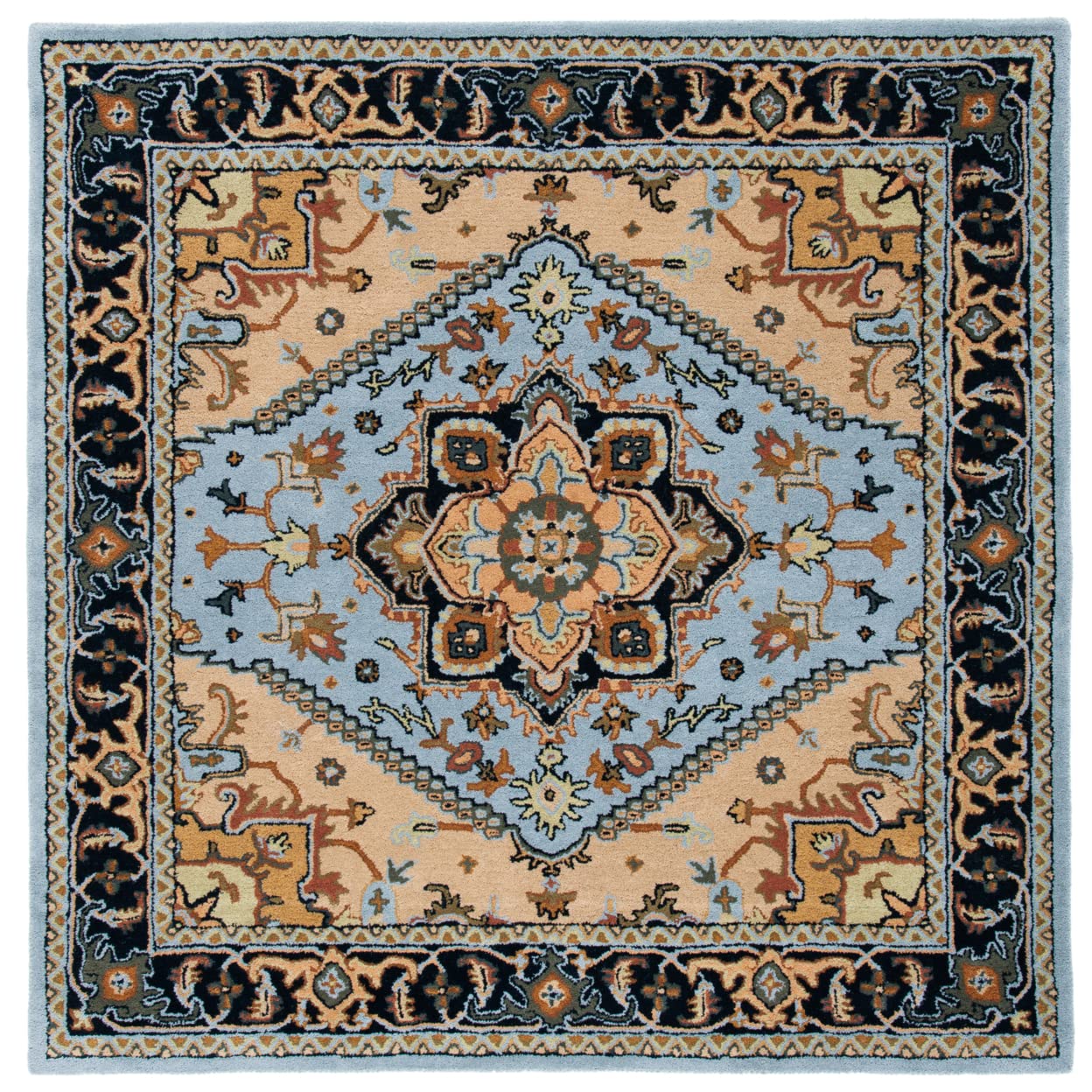 SAFAVIEH Heritage Collection Area Rug - 4' Square, Blue & Light Brown, Handmade Traditional Oriental Wool, Ideal for High Traffic Areas in Living Room, Bedroom (HG625M)