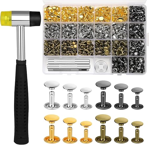 Miniatura 7 de TLKKUE 240 juegos de remaches para cuero, 3 tamaños, remaches tubulares de doble tapa, 4 colores, remaches de cuero con martillo de goma, kit