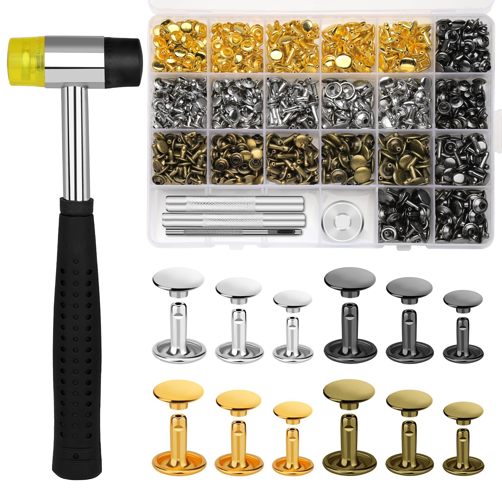 TLKKUE Juego de 480 remaches de cuero, 4 colores, remaches de doble tapa, remaches de 3 tamaños para cuero con martillo de goma, kit de herramientas de fijación, 4 piezas para bricolaje, manualidades,