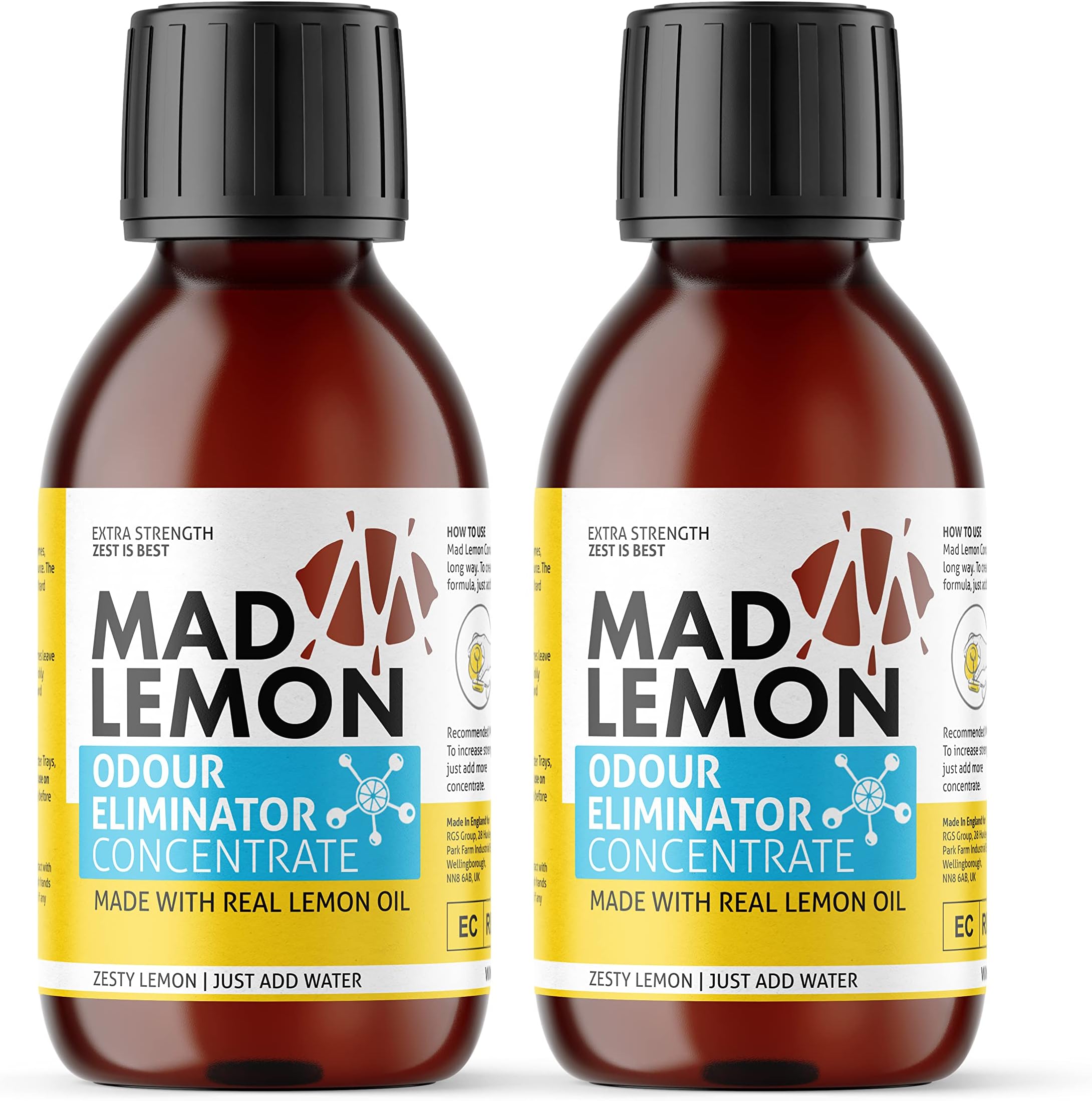 Mad Lemon Pet Odor Eliminator and Neutralizer - 2-Pack Industrial Strength 8oz Concentrate - Makes 2 Gallons - Cat & Dog Odors, Urine, Carpet, Dead Rodent Odor, Mouse, Rat, Sewer, Garbage, Trash Can