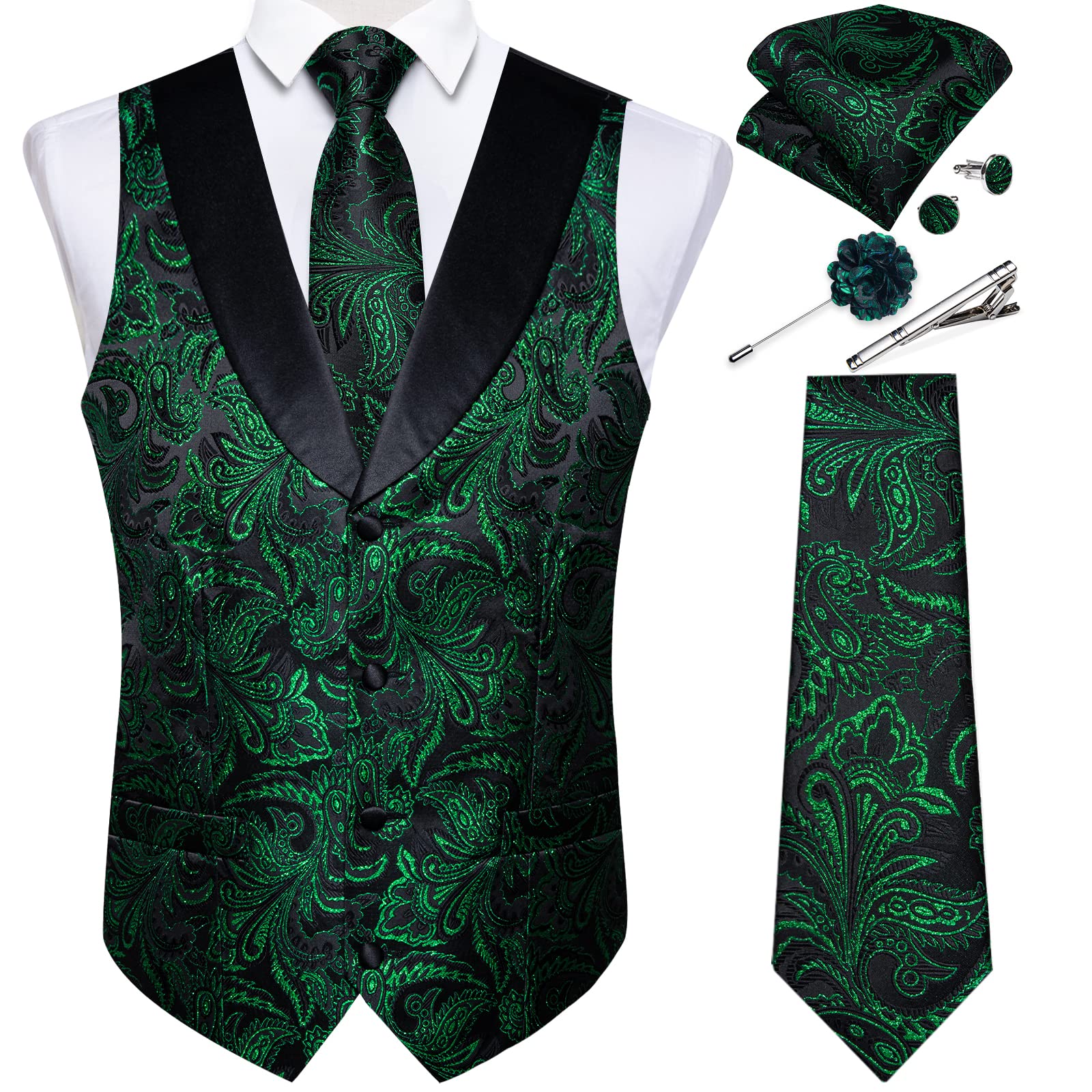 DiBanGu Mens Paisley Suit Vest Silk Jacquard Waistcoat and Necktie Set Formal Shawl Collar Dress Vest 7PCS for Wedding Party