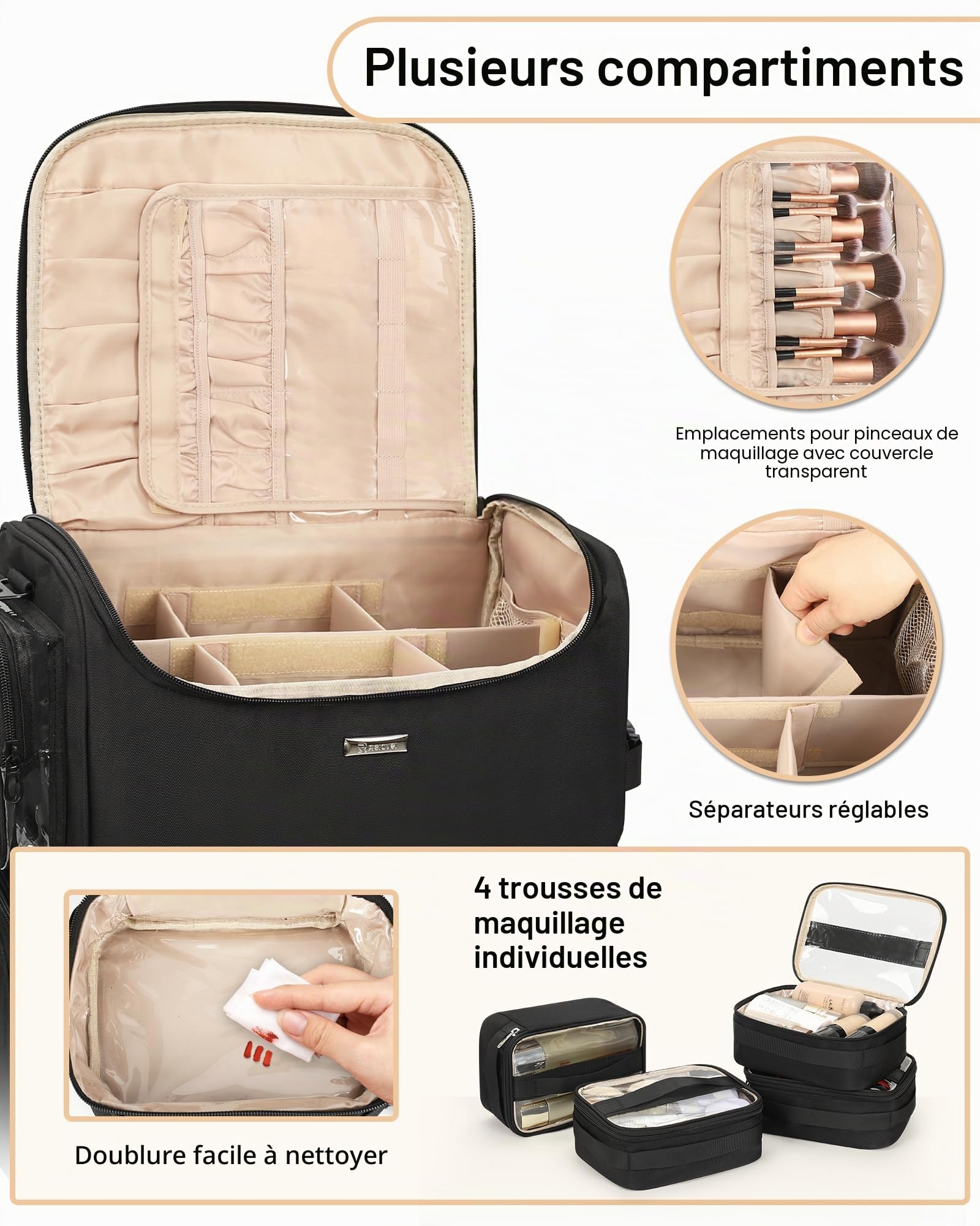 Relavel Mallette de maquillage à roulettes avec roulettes + 4 poches transparentes - Kit professionnel pour artistes de maquillage - Organisateur cosmétique avec séparateurs réglables - Roulettes