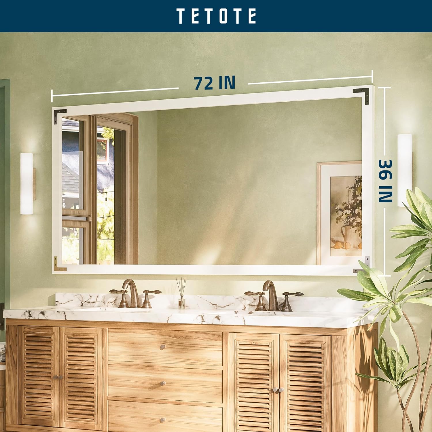 TETOTE 72 x 36 White Wooden Mirror for Bathroom Wall/Bedroom/Living Room/Entryway Farmhouse Rustic Bathroom Vanity Mirror for Wall Waterproof (Horizontal/Vertical Mounted)