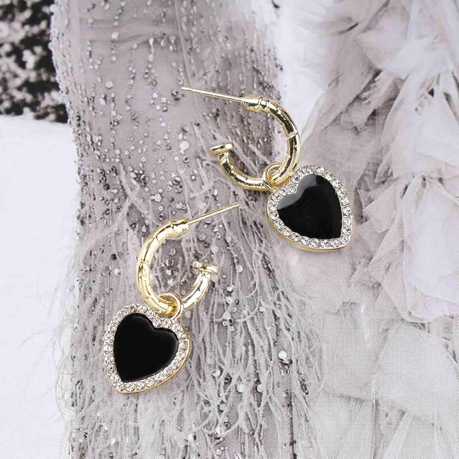 Vintage Crystal Heart Drop Earrings Black Heart Onyx Earrings Black Heart Hoop Huggie Earrings Gold Cz Love Heart Earrings Jewelry for Women - Image 4