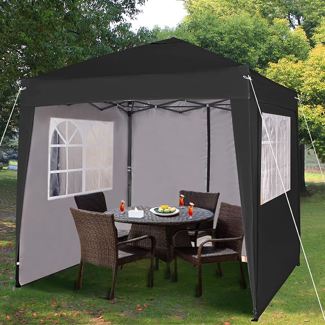 Pop-up Gazebo 2m x 2m With Sides Silver Protective Layer Waterproof Marquee Canopy (WS) (Black)