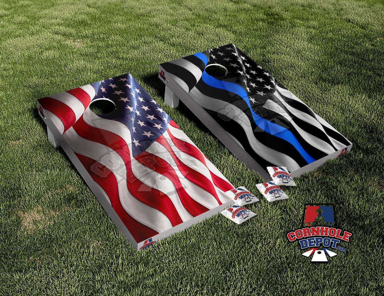 American Flag and Black and White Thin Blue Line Wavy Flag Split Set Cornhole Board Vinyl Wrap Skins Decal Set