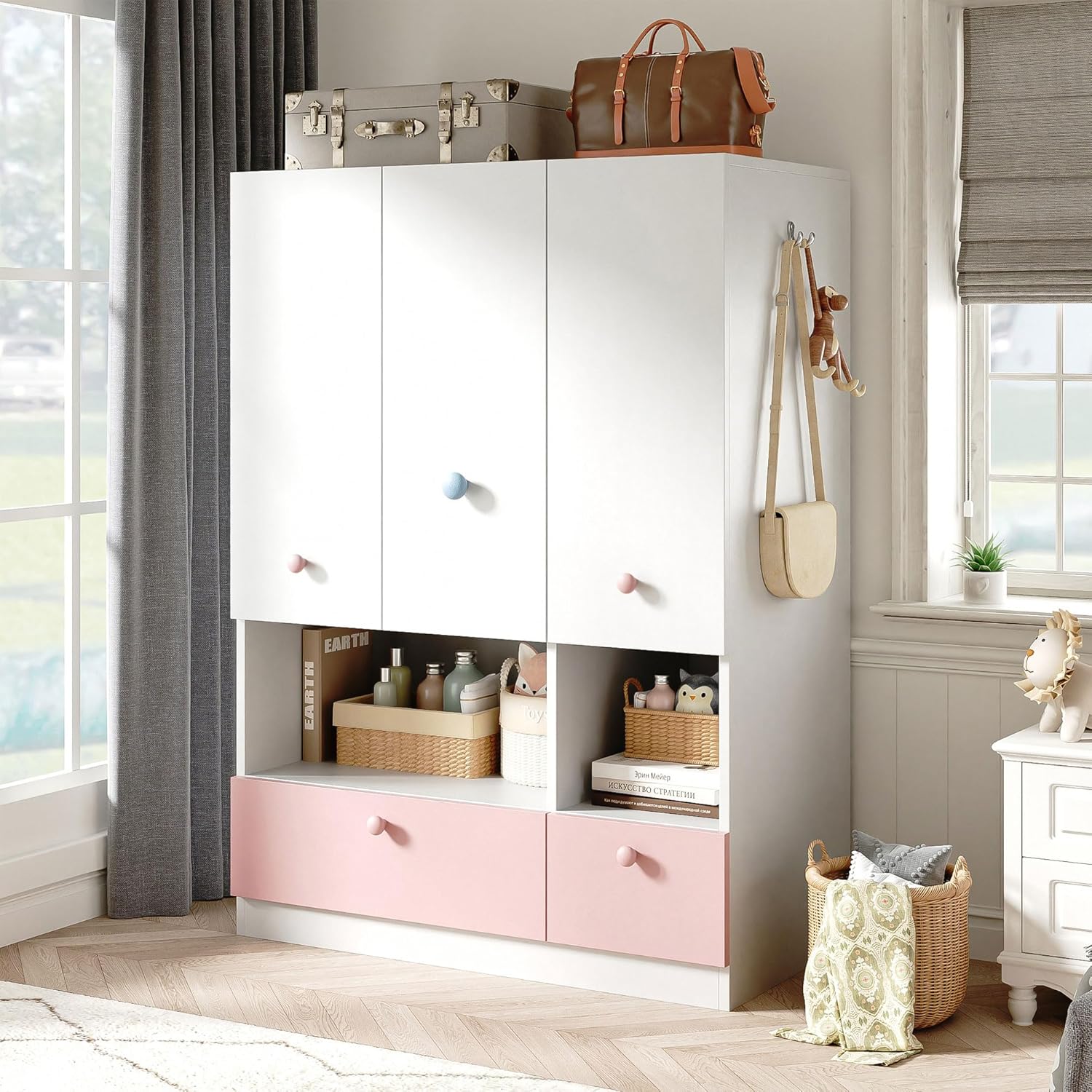 White Armoire Wardrobe Closet with Hanging Rod - Freestanding 3-Door Wooden Wardrobe Cabinet Closet for Bedroom & Dorm, Bedroom Armoires, Features Adjustable Shelves and Drawers for Toys & Clothes