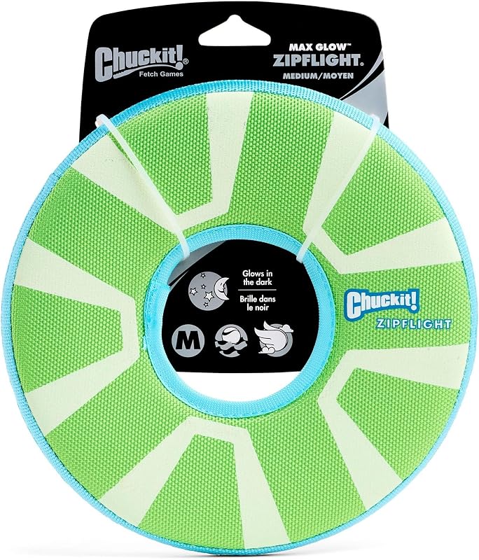 ¡Chúchalo! Juguete para perros Max Glow Zipflight Flying Disc, flotadores, mediano, 8,5 pulgadas | Folleto flotante en el agua fabricado con poliéster duradero para jugar en la playa y la pileta; Tamaño para perros medianos y grandes.