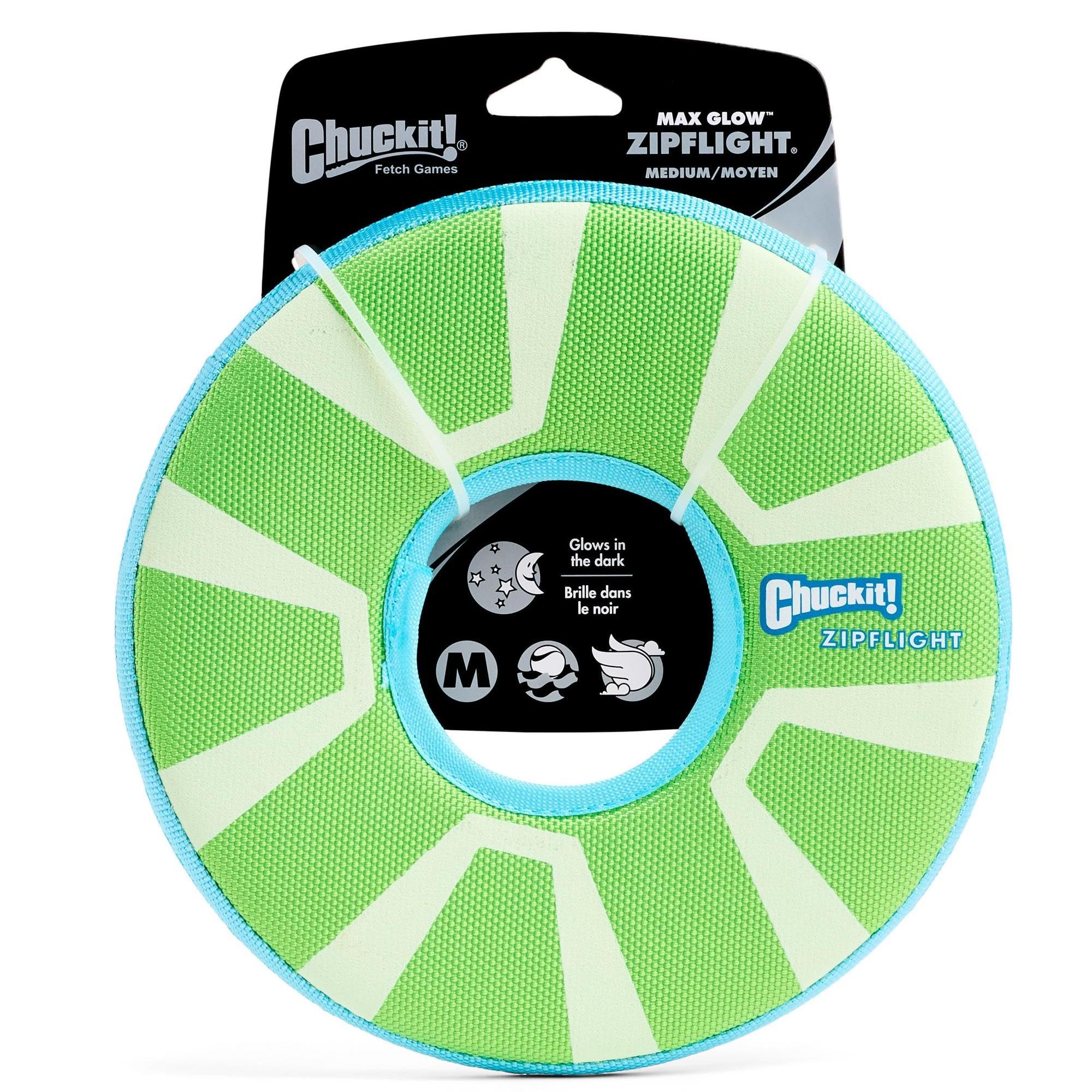 Chuckit!Max Glow Zipflight Flying Disc Dog Toy - Water Floating Flyer for Beach and Pool - Durable Polyester Construction - For Medium and Large Dogs - Size Medium - 8.5” L x 8.5” W - Pack of 1