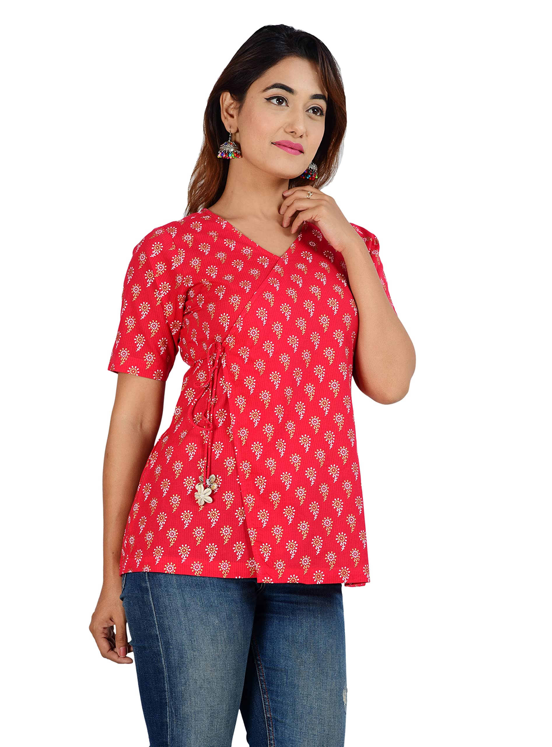 Jaipuri Cotton Angrakha Style Top for Women (Partial Open)