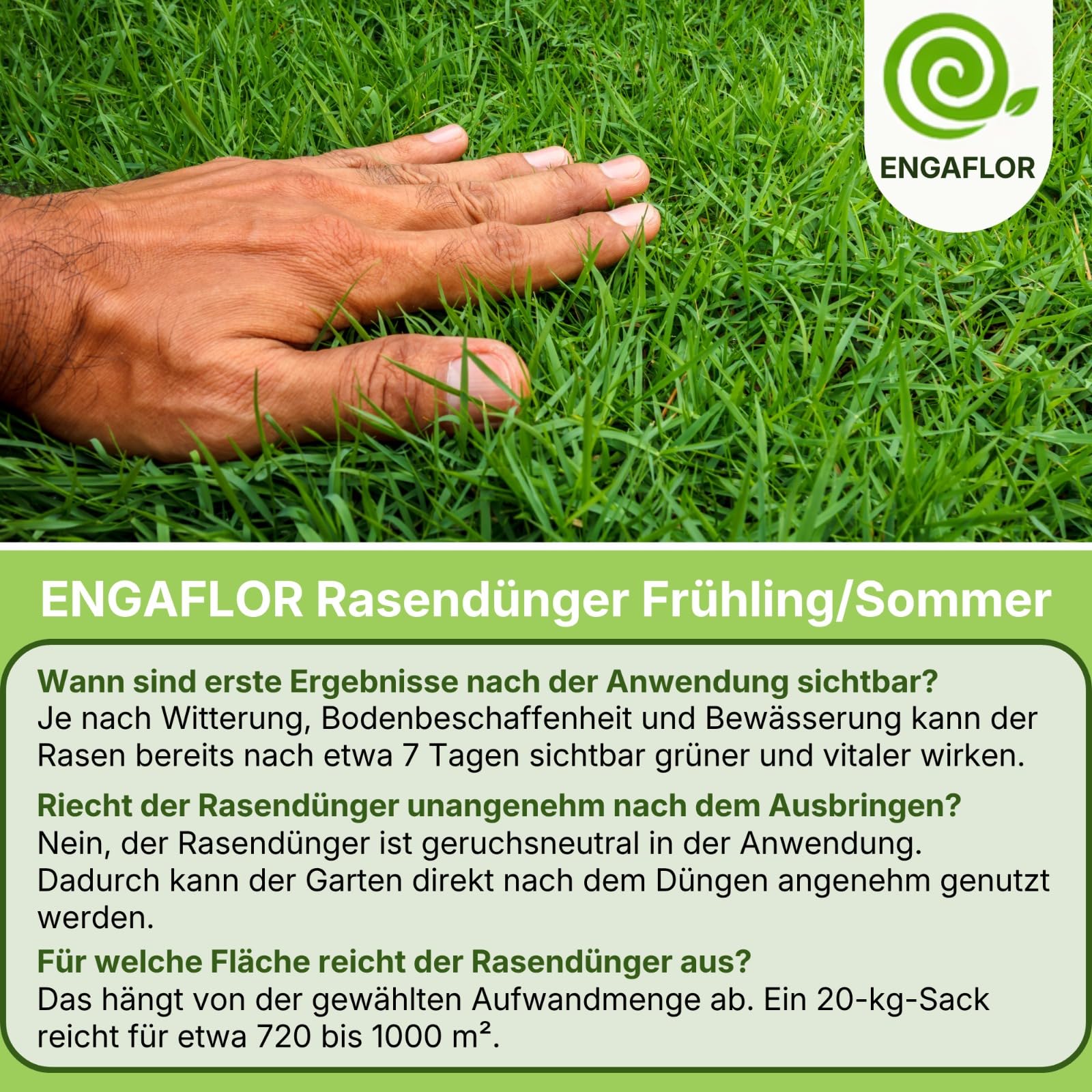 Rasendünger Frühjahr/Sommer | mineralisch-organischer Langzeitdünger | geruchsneutral | für dichten, grünen Rasen | schnelle Wirkung & nachhaltige Bodenpflege (20 KG bis 1000 m²)