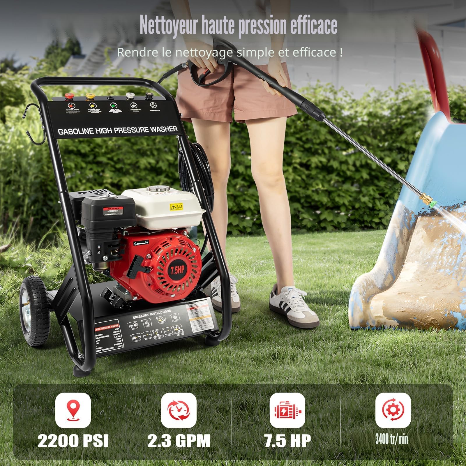 Nettoyeur Haute Pression à Essence, 7.5 CV 190 Bar Nettoyeur Haute Pression Thermique avec 5 Buses, Professionnel Moteur à Essence, avec Tuyau de 8m, pour Voiture et terrasse