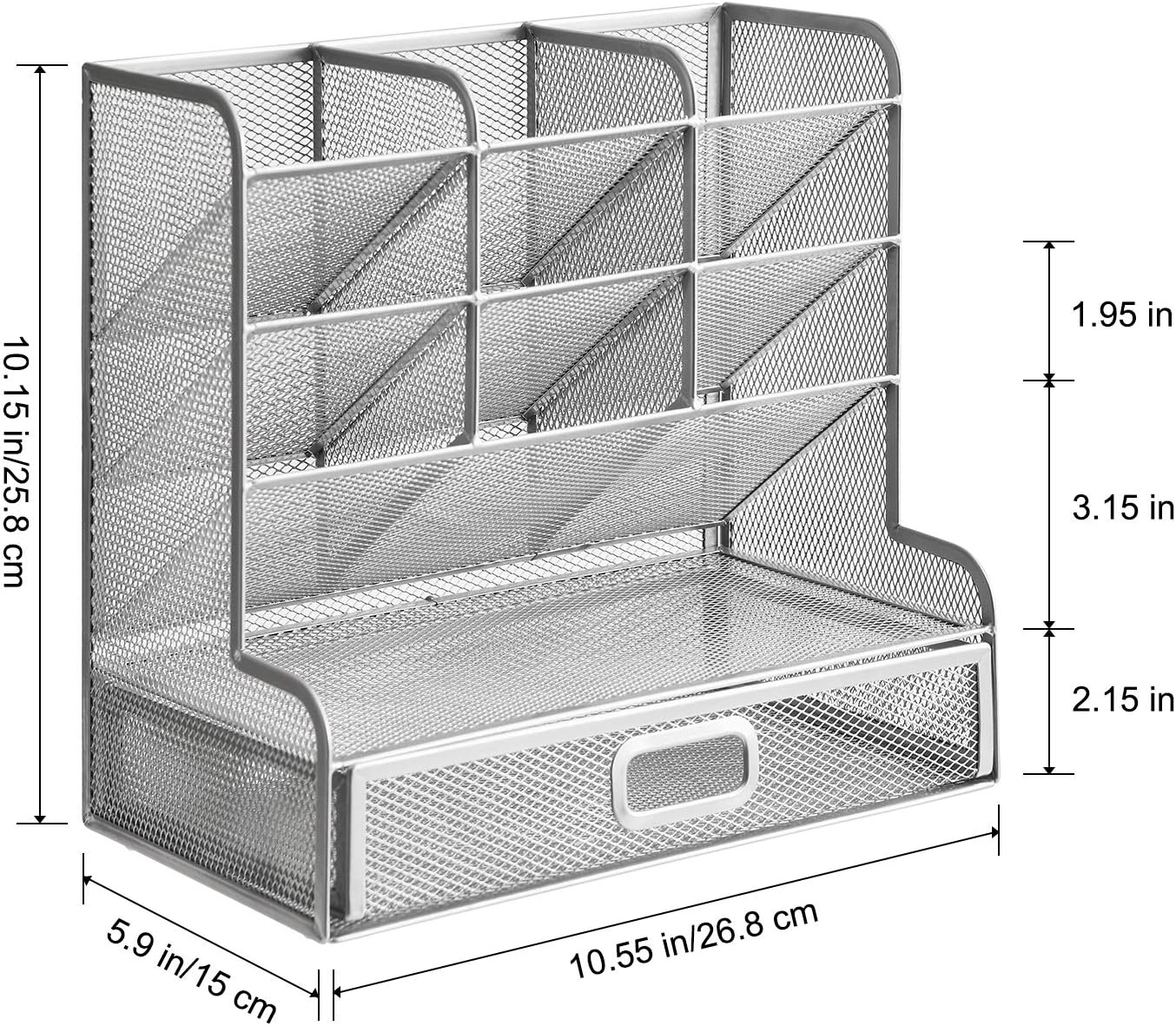Marbrasse Larger Mesh Desk Organizer with Drawer, Multi-Functional Pen Pencil Holder, Desk Organizers and Accessories for Office Art Supplies (Silver Mesh Pen Holder with Drawer)