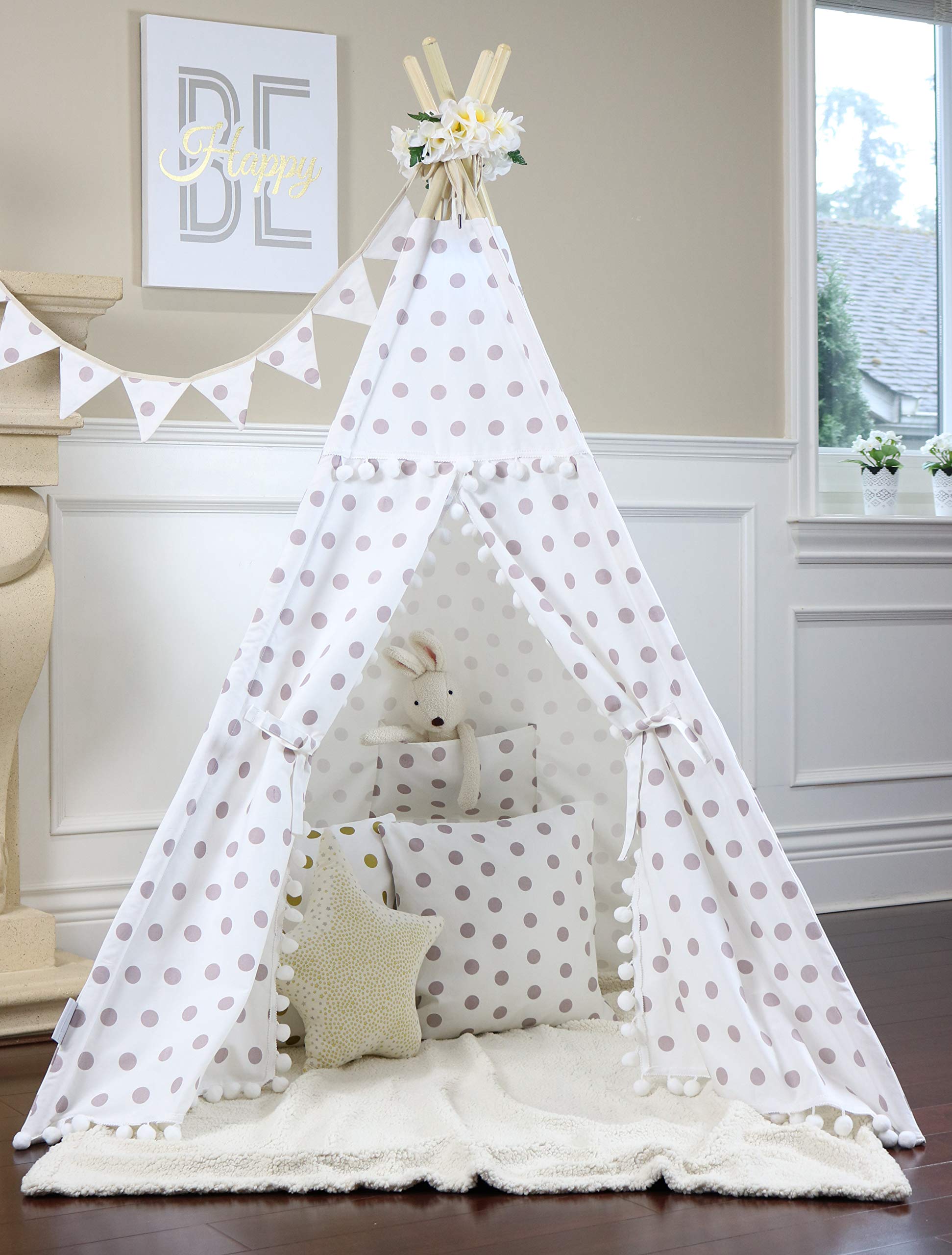 Polka dot Pompom Teepee Package with Floor, Pocket, Poles, LED Light, Flags Banner and Storage Bag