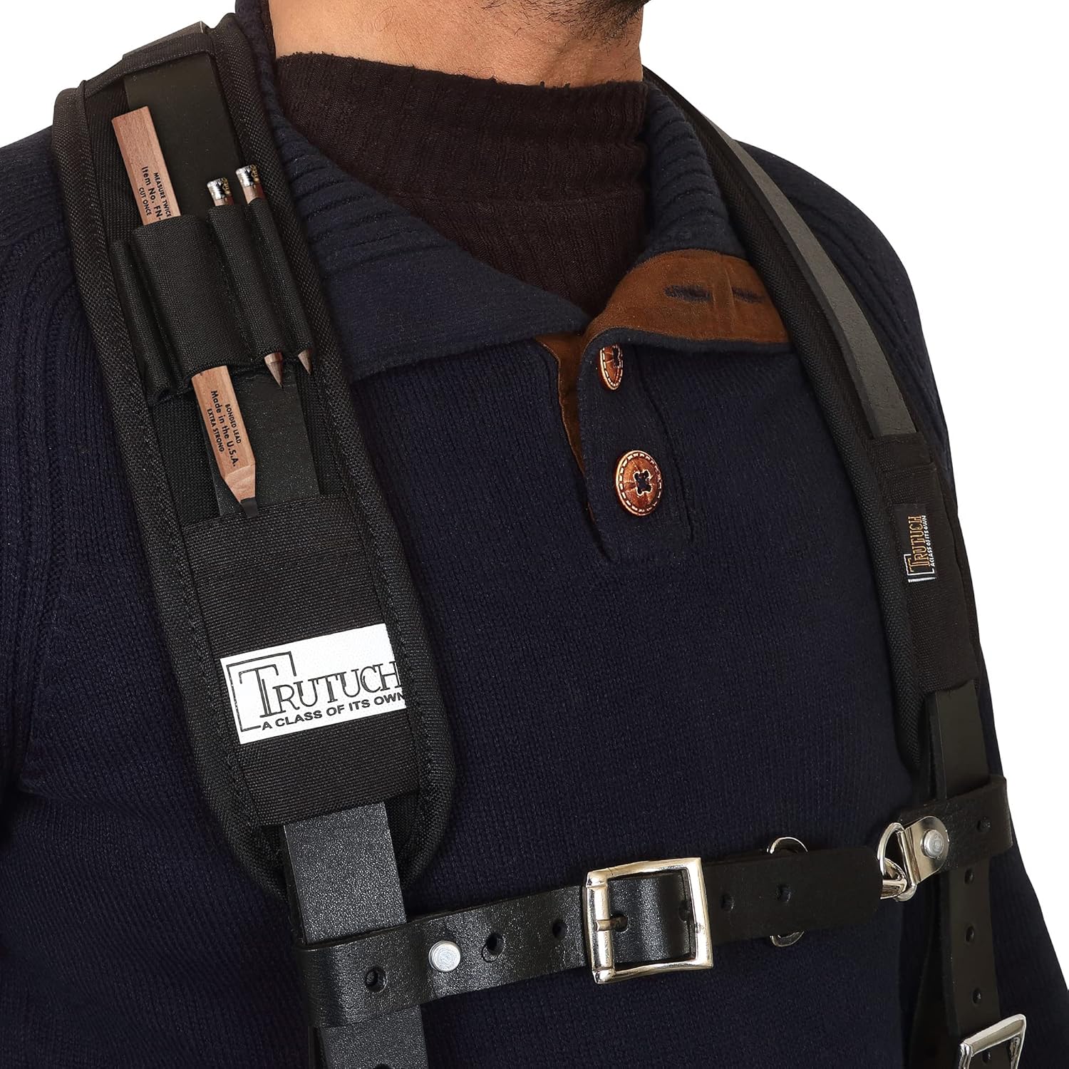 Leather Work Suspenders With Pockets | Fully-Adjustable Padded Leather Tool Belt Suspenders