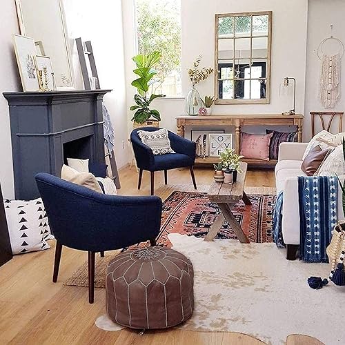 Miniatura 116 de Marrakesh Gallery - Funda de puf marroquí, otomana redonda y grande de piel, decoración bohemia para sala de estar, reposapies, sin relleno Marrón