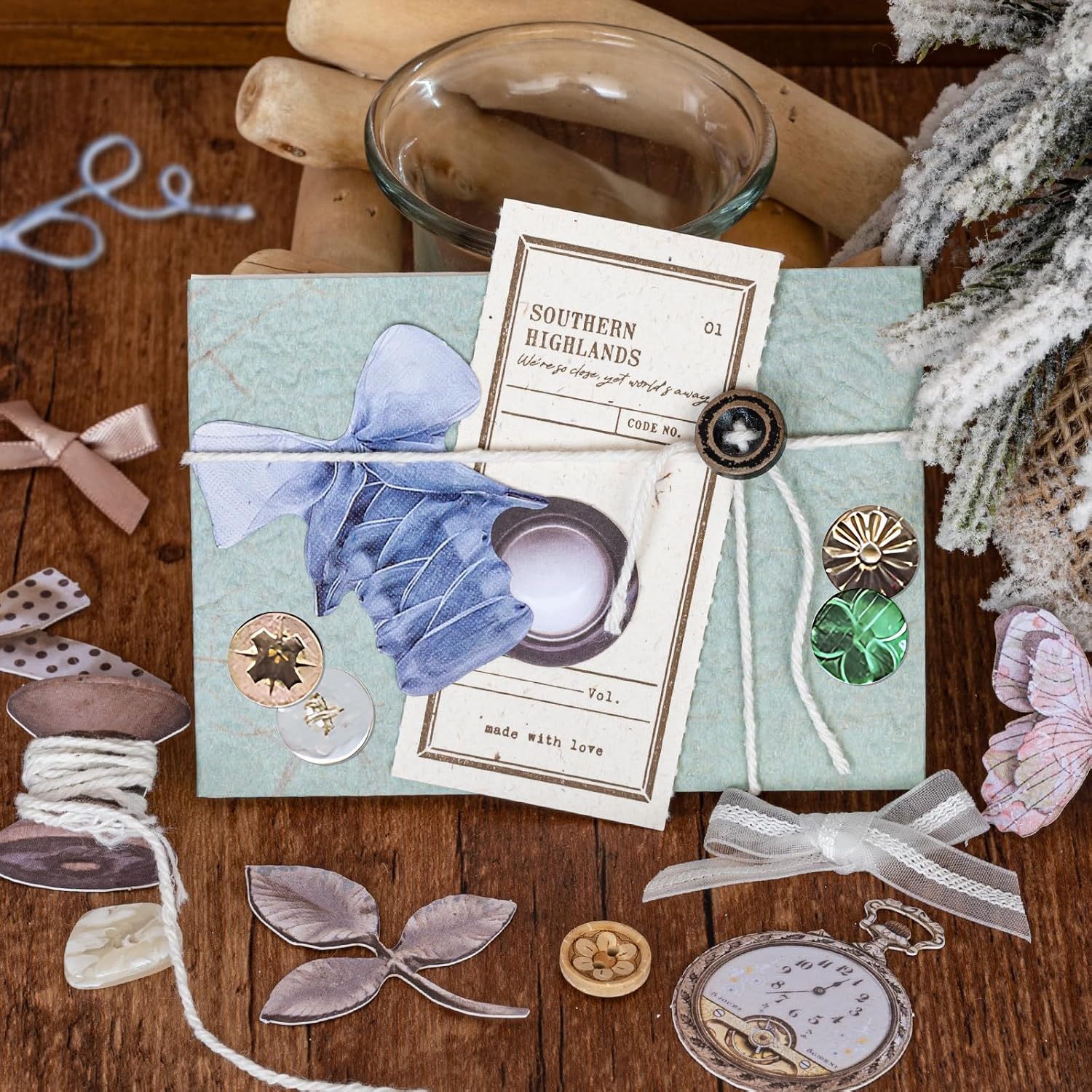 Mayplous 2 Packs Vintage Scrapbook Paper and Sticker Set – Sewing Theme Die-Cut Paperboard Retro Stickers with Cord, Bowknot & Button for Junk Journal, Scrapbooking, Handicrafts & Decoupage (Miller)
