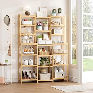FOTOSOK Bamboo Shelf, 7 Tier Plant Stand Indoor, 3 Row Ladder Shelf, Bookshelf and Bookcase, Plant Shelves with Adjustable, Corner Display Stands, Flower Stand for Living Room Balcony Kitchen Natural
