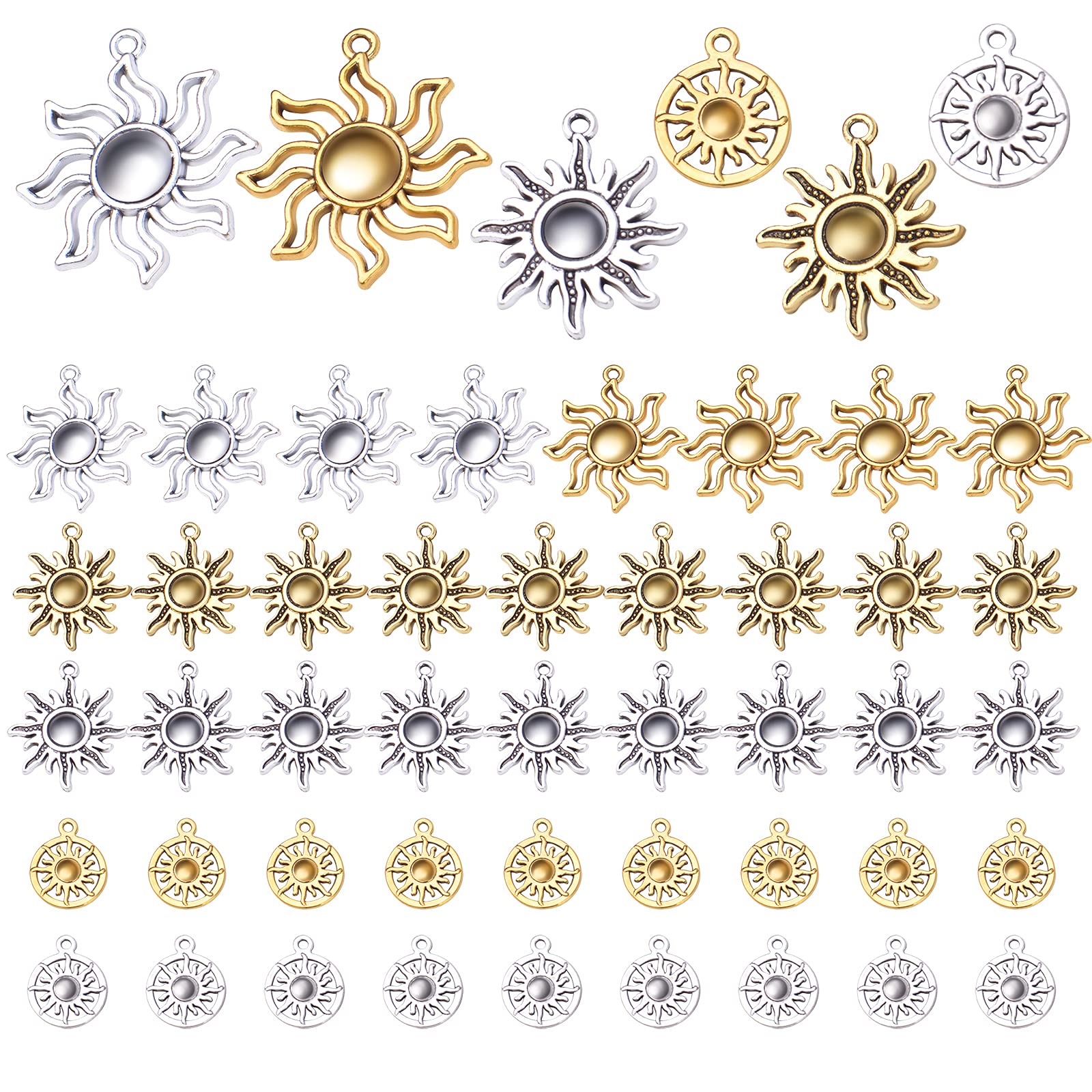 Hmjpng 50pcs Craft Supplies Sun Charms Pendants Alloy Tibetan Celestial Pendants Beads Charm for Crafting Jewelry Findings Making, Antique Silver, Antique Gold, Silver
