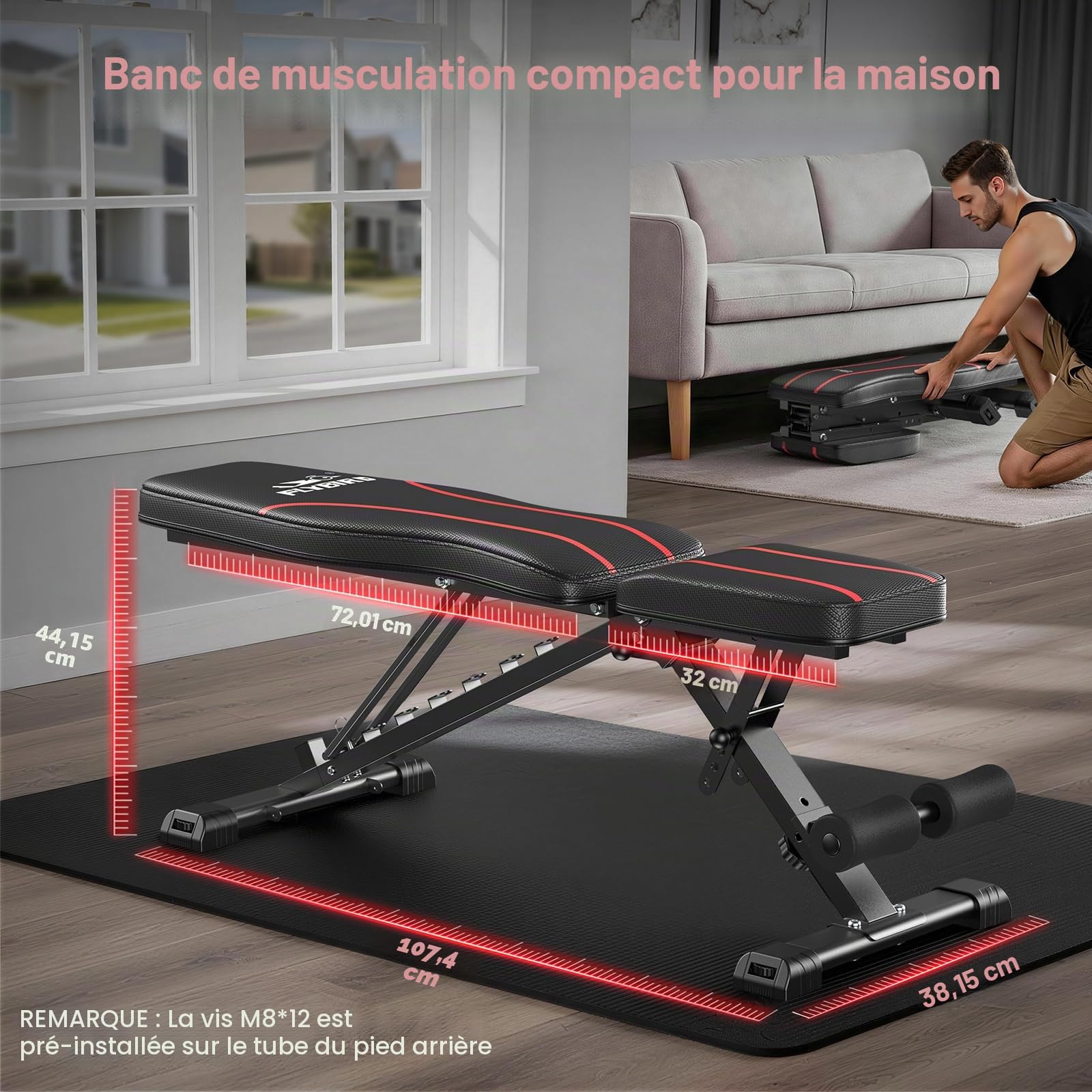 Banc de musculation réglable, pliable et facile à ranger, positions plate/inclinée/déclinée/verticale pour entraînement complet du corps chez vous et au bureau, pré-monté à 80%