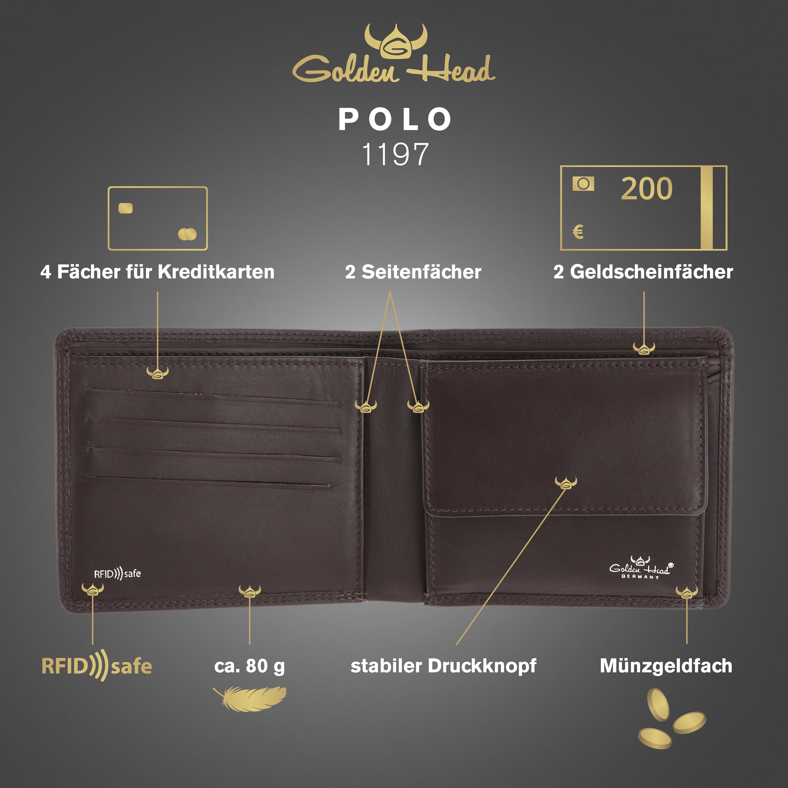 Golden Head Leder Geldbörse Polo RFID Protect Scheintasche 1197 Dunkelbraun