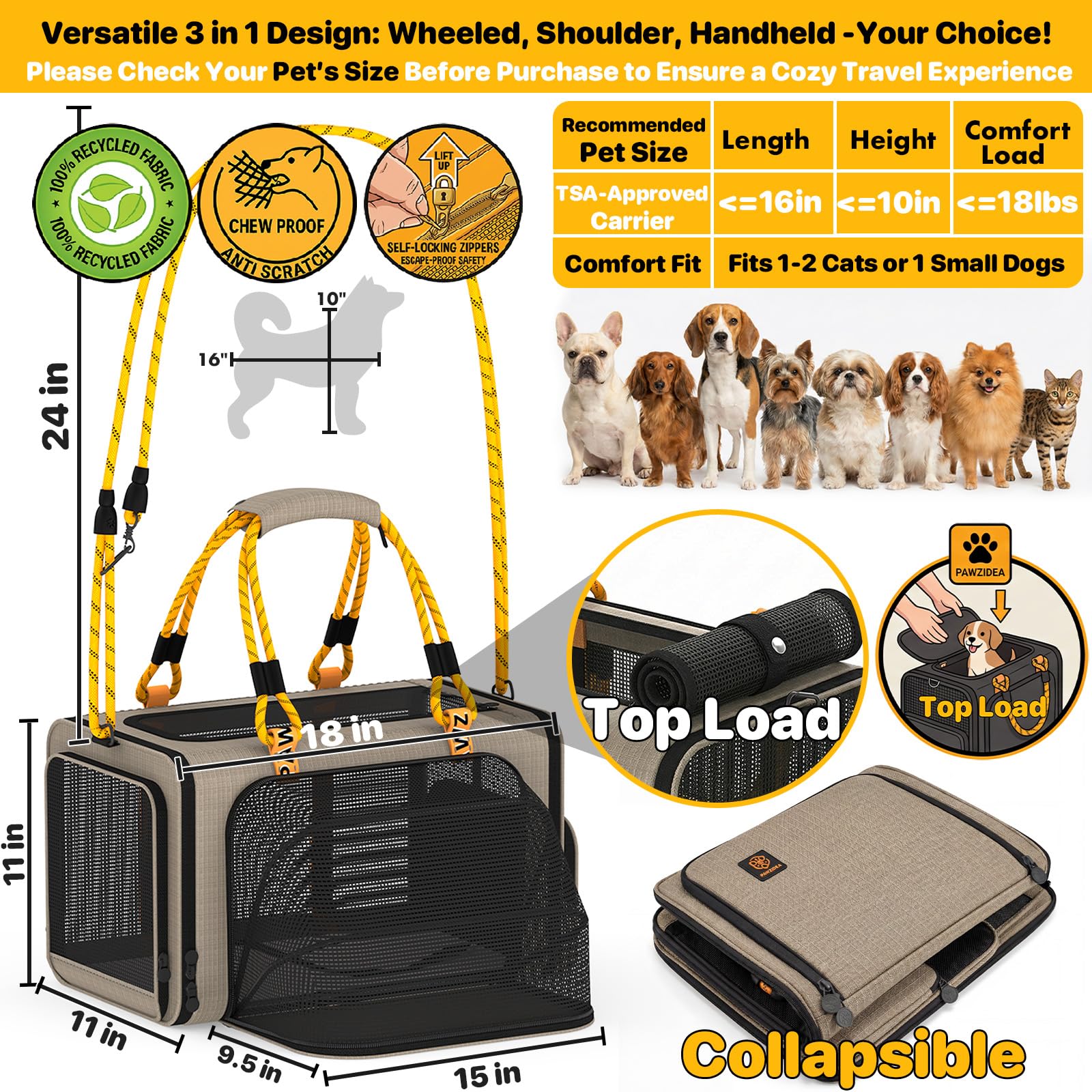 PAWZIDEA Expandable Pet Carrier, 18×11×11 TSA Airline Approved Small Dog Carrier up 18 lbs, Top-Load Cat Carrier for 2 Cats Under Seat, Collapsible Soft-Sided Puppy Travel Bag, Seatbelt Loops, ID Card - image 2