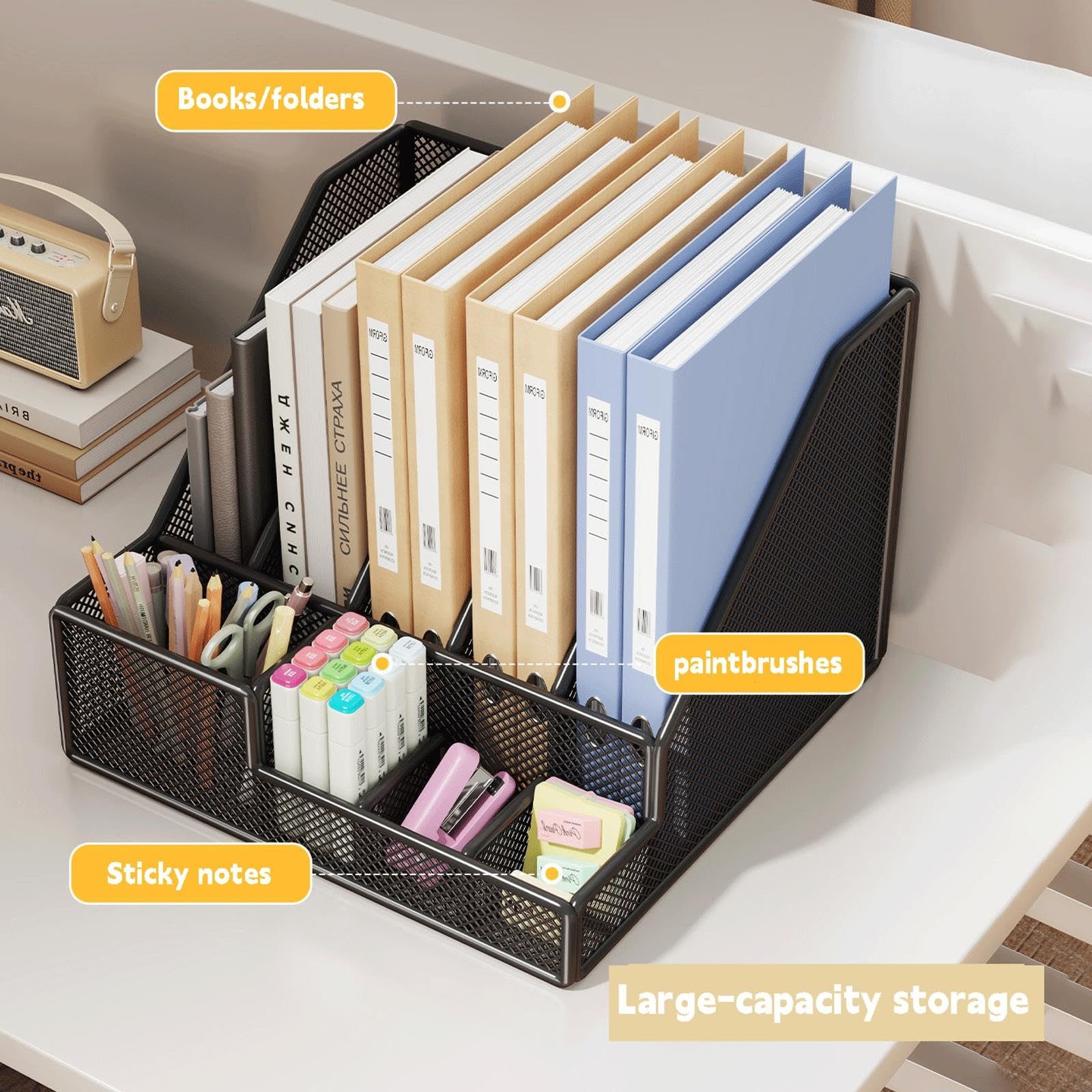 Organizer per documenti in metallo A4, Organizzatore da scrivania con portapenne, supporto per documenti per ufficio, scuola(White,C)