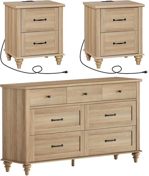 WAMPAT 3 Piece Bedroom Set with 7 Drawer Dresser and Nightstands