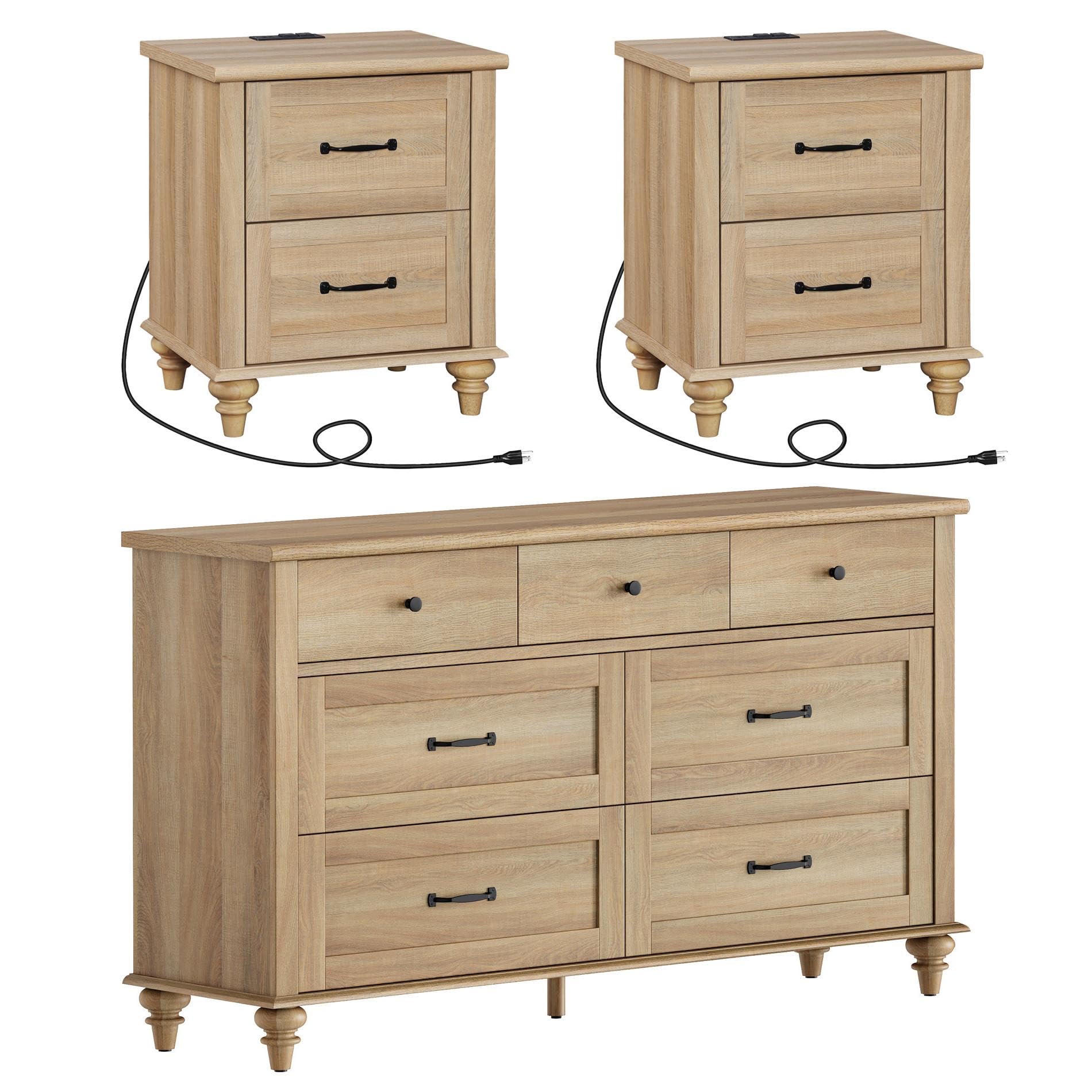 WAMPAT 3 Piece Bedroom Set - Includes 7 Drawer Dresser for Bedroom, Set of 2 Night Stands with Charging Station & Drawers, 3 Piece Dresser and