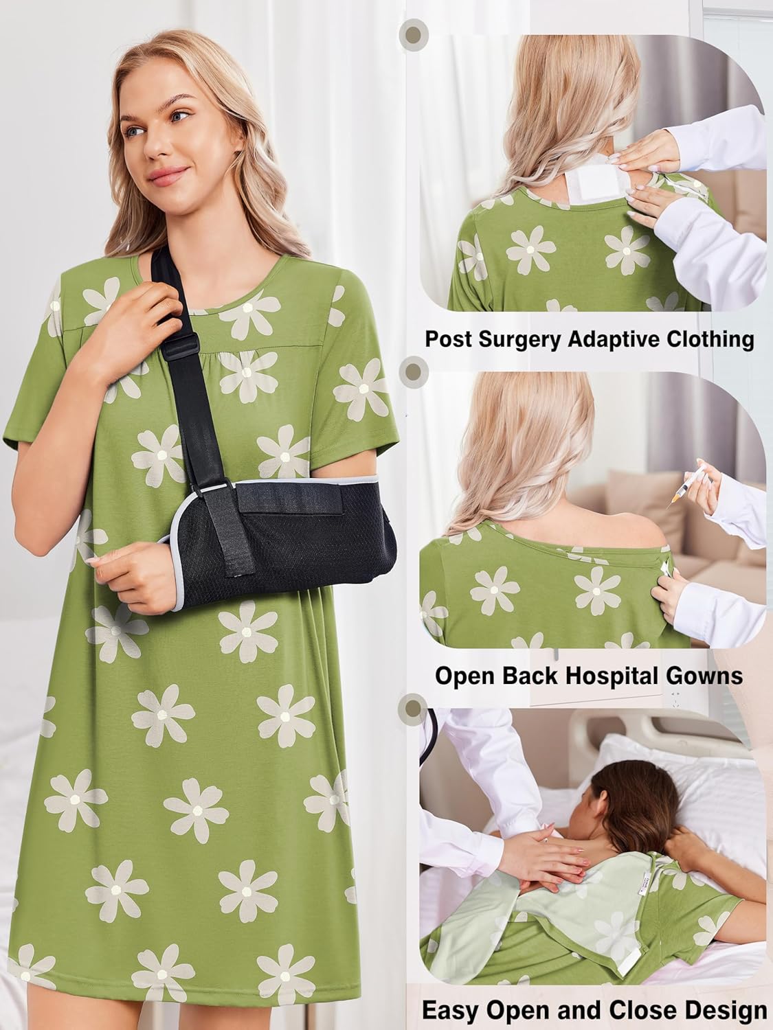Deyeek Hospital Gowns for Women Tear Away Snap Open Back Dress Post Shoulder Surgery Dresses Soft Adaptive Clothing Nightgown - Image 5