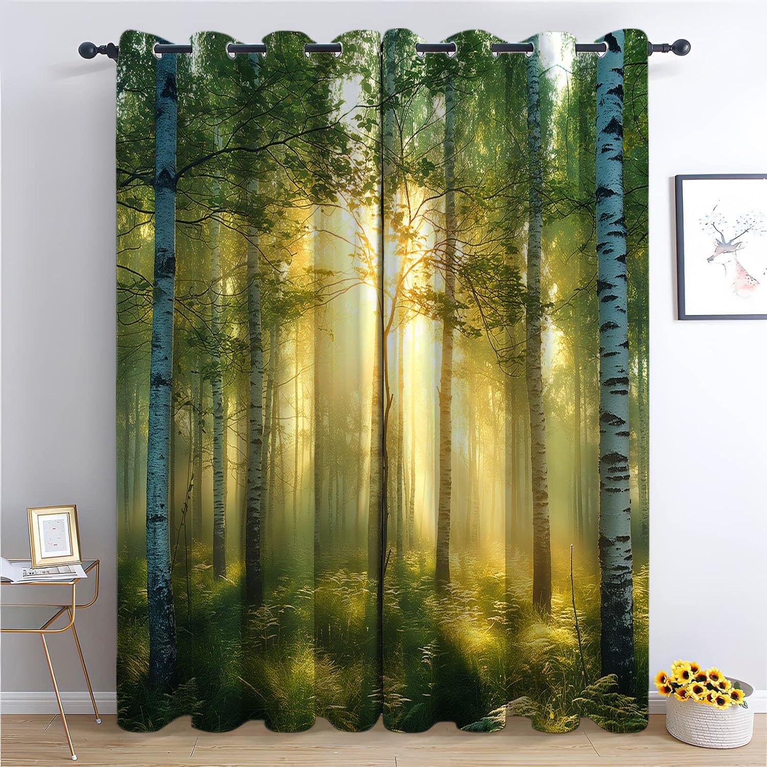 CozyRest Blackout Curtains, 2 Panels, W 92" x L 90", Sunny Nature, Birch Forest Theme, Grommet Curtains, Thermal, Noise Reducing, Kids Room, Bedroom