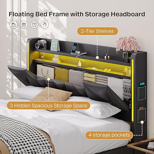 Miniatura 3 de Base de cama flotante Queen con cabecera de almacenamiento, marco de cama Queen con almacenamiento oculto, 4 bolsillos, cama tapizada con luces LED