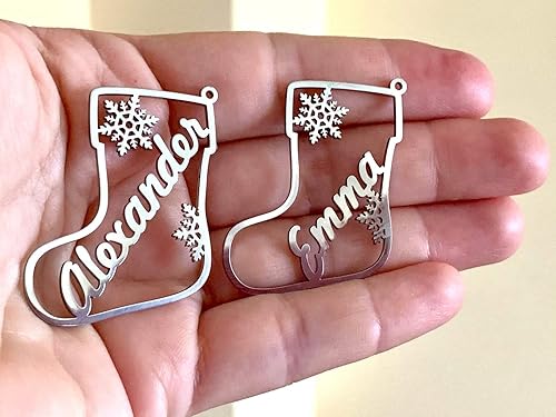 Miniatura 4 de Etiqueta de calcetín de Navidad con nombre personalizado, adorno plateado de acero inoxidable, decoración personalizada para árbol de vacaciones,