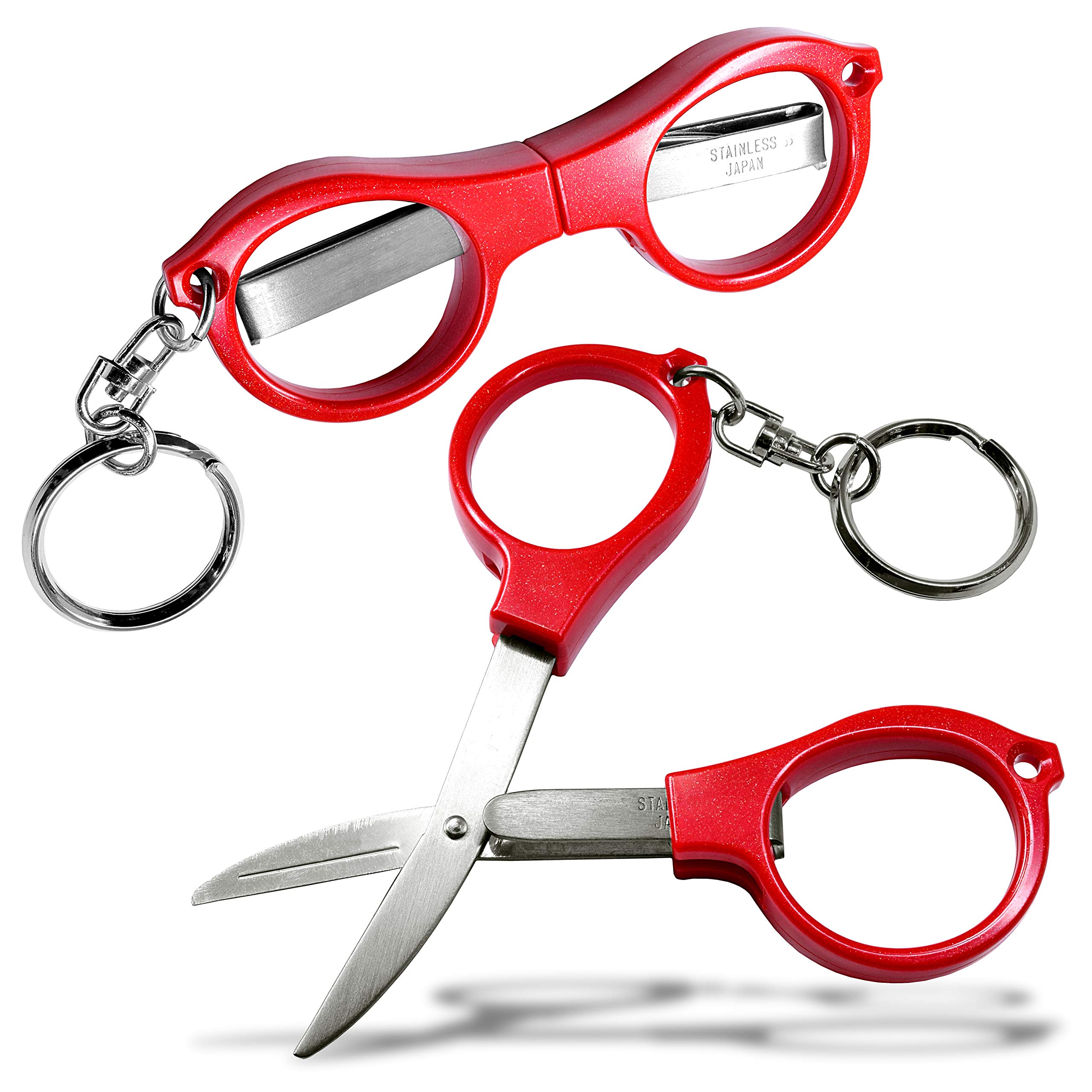 Folding Safety Scissors, Stainless Steel Blade Glasses Shear, Red Plastic Handle with Key Chain, for Fabric, Embroidery, Arts Crafts