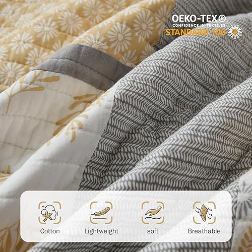 Vista 5 de Y-PLWOMEN Juego de edredón Queen – Juego de edredón 100% algodón, ligero, reversible, floral, para todas las estaciones, amarillo/blanco/gris, 3