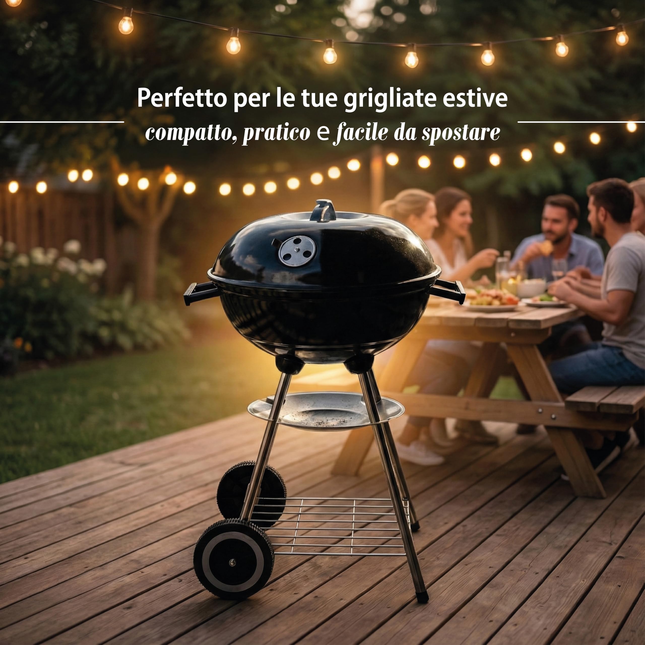 Barbecue Tondo Nero 48x72h cm Con Struttura In Acciaio e Coperchio - Giardino, Multifunzione, Terrazzo, Campeggio, Trasportabile, Griglia -BBQ con Ruote