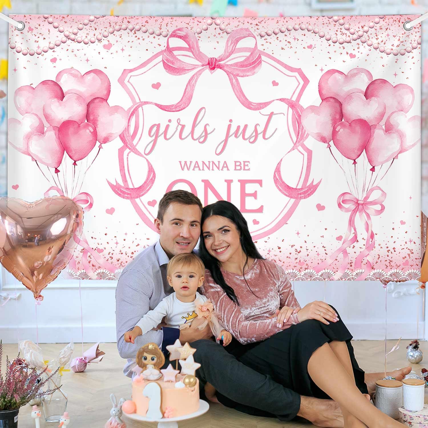 AIBIIN Pink Bow 1st Birthday Backdrop, Girls Just Wanna Be One Bday Decorations for Baby Girl Coquette First Birthday Party Banner Coquette Birthday Decorations 6x3.6ft image 4