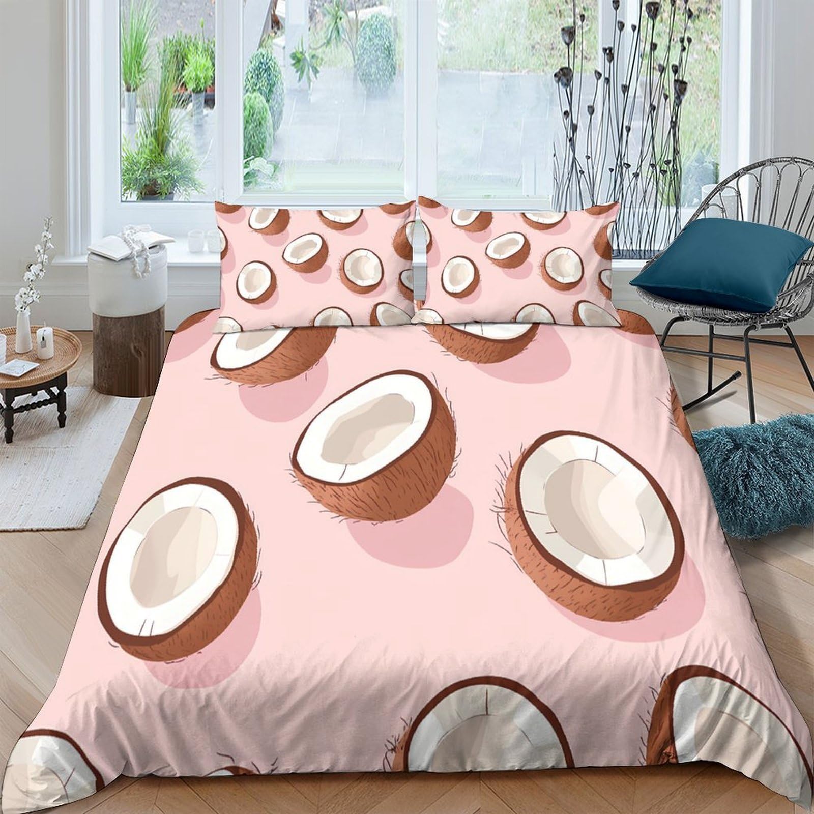 GPLZQXKJNH 3D Printed Coconut Pink Duvet Cover Set Microfiber Soft Breathable Fruit Quilt Cover with 2 Pillowcases for Bedroom Decor Single（135x200cm）