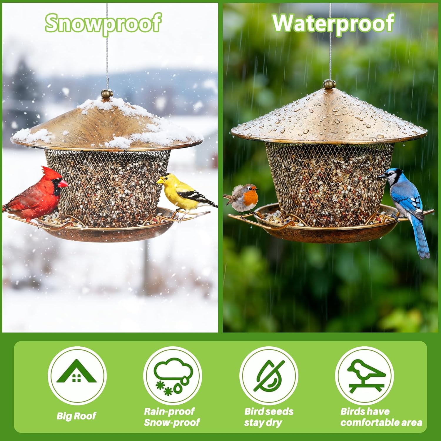 Bird Feeder for Outdoor Hanging, All Metal Weatherproof Wild Bird Feeder with 9.8" Roof, 3.5 LBs Seeds Capacity, Easy to Clean & Refill - Image 4