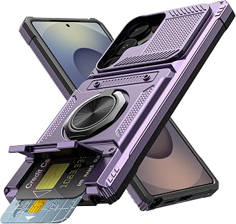 Vofolen for Samsung Galaxy S25 Ultra Case with Card Holder [Store 2 Cards] +360 Rotated Ring Kickstand Dual Layer Heavy Duty Shockproof Wallet Cover for Galaxy S25 Ultra Case for Women Men, Purple