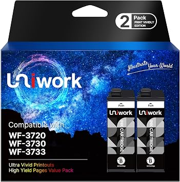 Uniwork Remanufactured Replacement for Epson 702 Black Ink Cartridge | for 702XL Ink Cartridge High Yield work for Workforce Pro WF-3720 WF-3730 WF-3733 Printer Ink 2 Black