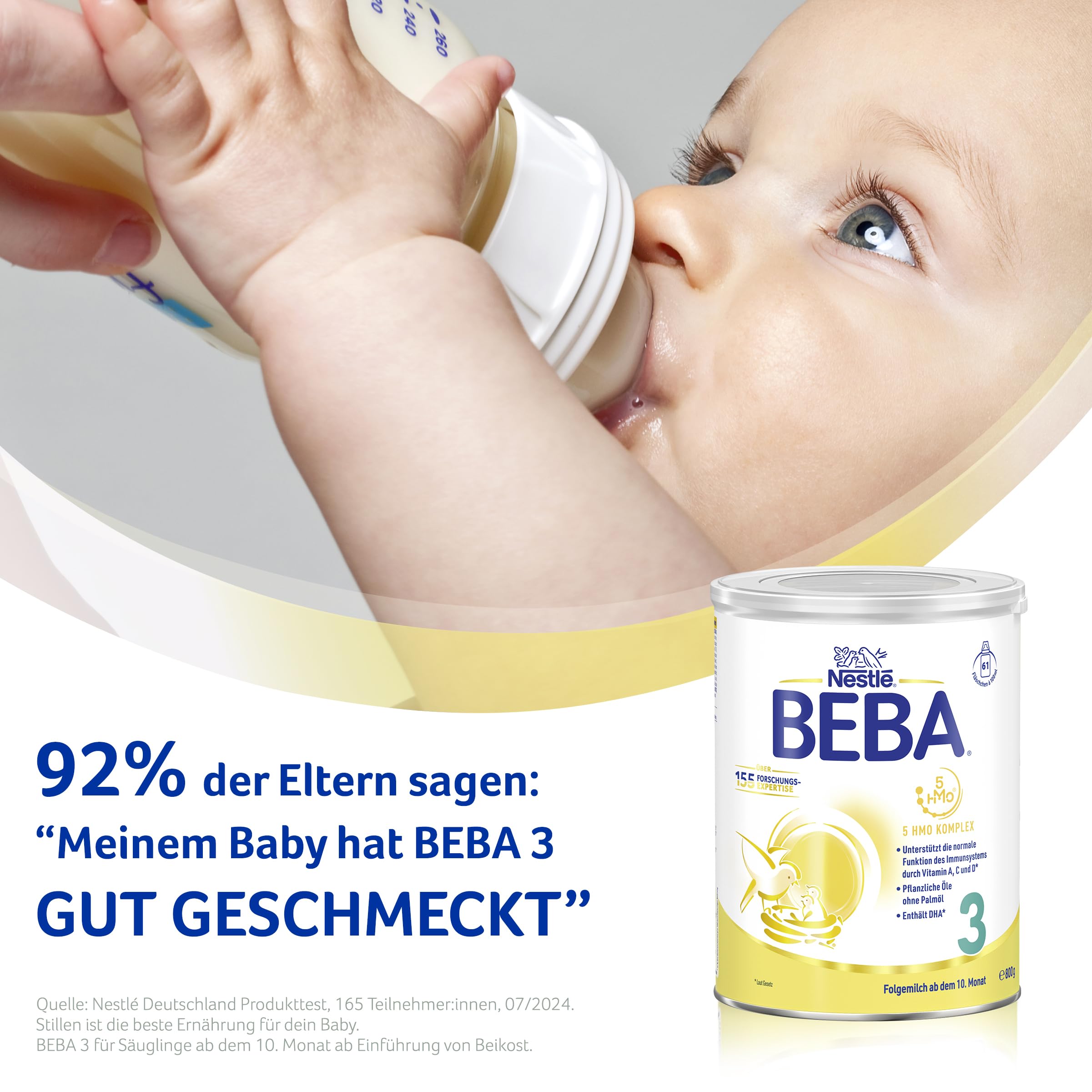 BEBA 3 - Folgemilch ab dem 10. Monat, Mit 5 HMO Komplex, Altersgerecht angepasster Proteingehalt, Nur Laktose, Ohne Palmöl, Ohne Fischöl, Babynahrung, Baby-Milchpulver, 6er Pack (6 x 800g)