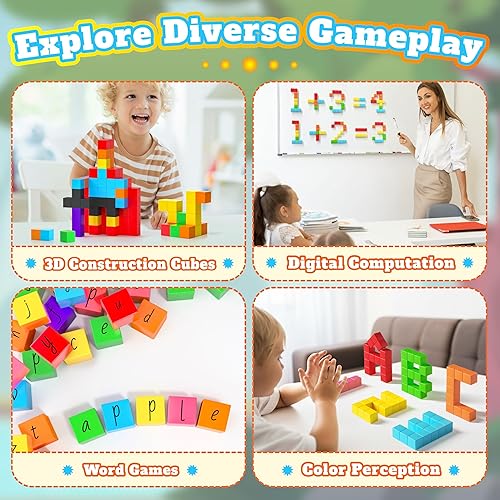 Miniatura 6 de Juego de 65 bloques magnéticos, bloques de construcción magnéticos de 1 pulgada con ojos de juguete y bolsa de almacenamiento para regalos de niños,