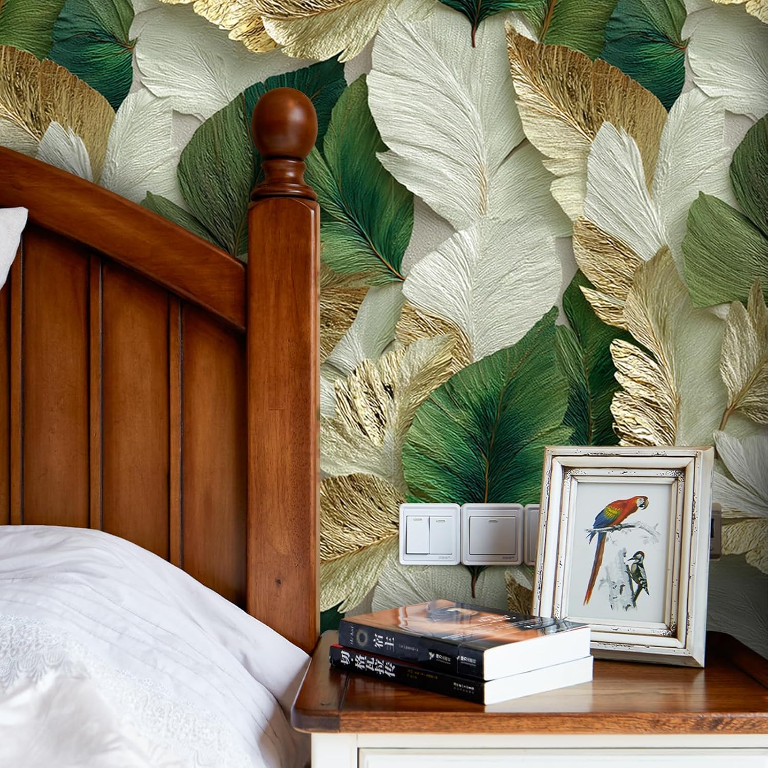Luxury Modern Feather Wallpaper Self Adhesive Peel and Stick Exquisite White & Lustrous Gilded Feather Texture Wall Paper Removable Waterproof for Bedroom Renter Friendly 17.71"x236.2"
