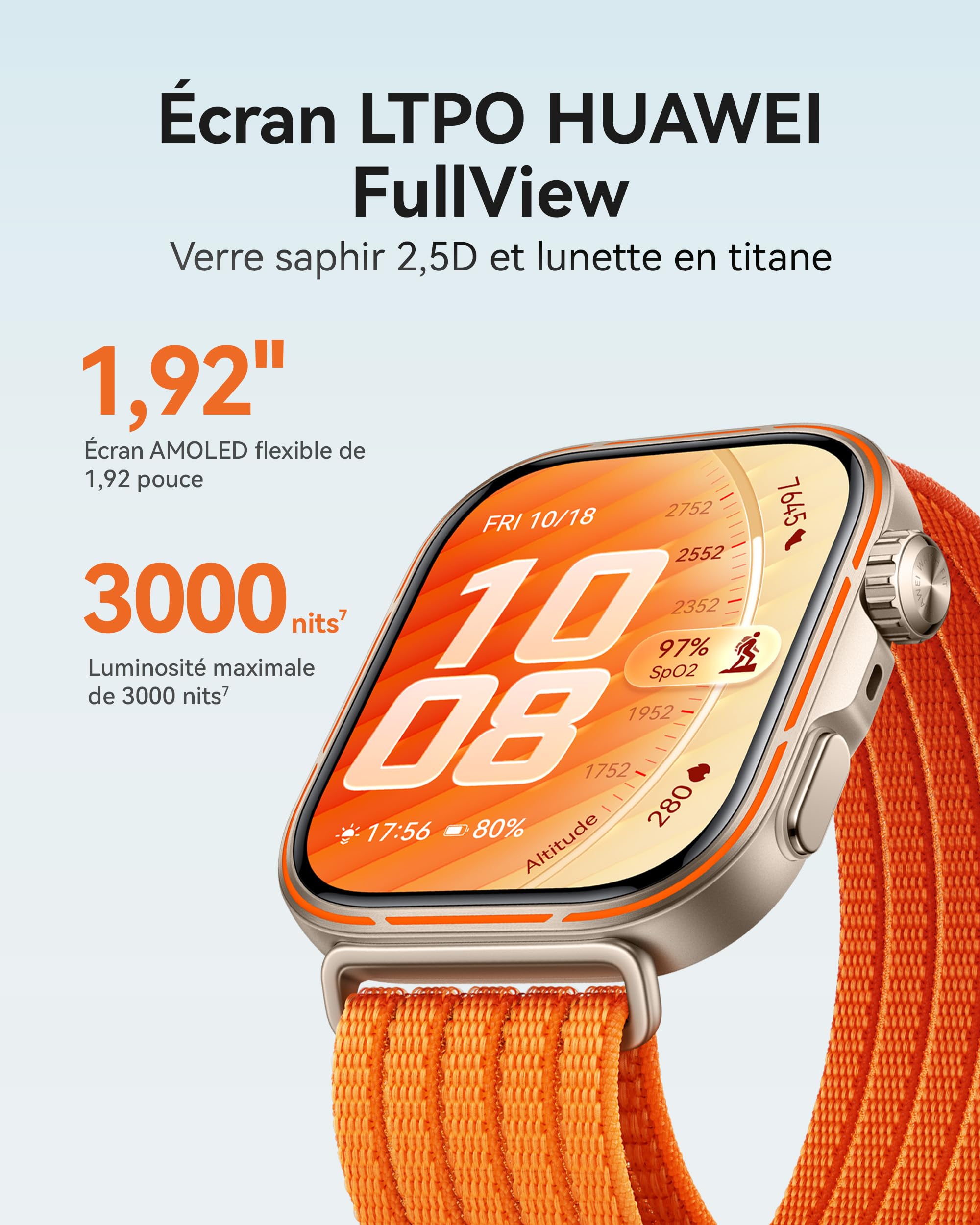 HUAWEI Watch FIT 5 Pro Montre connectée GPS ECG Écran AMOLED 1,92'' Verre Saphir Résistance à l'eau 5 ATM NFC Orange