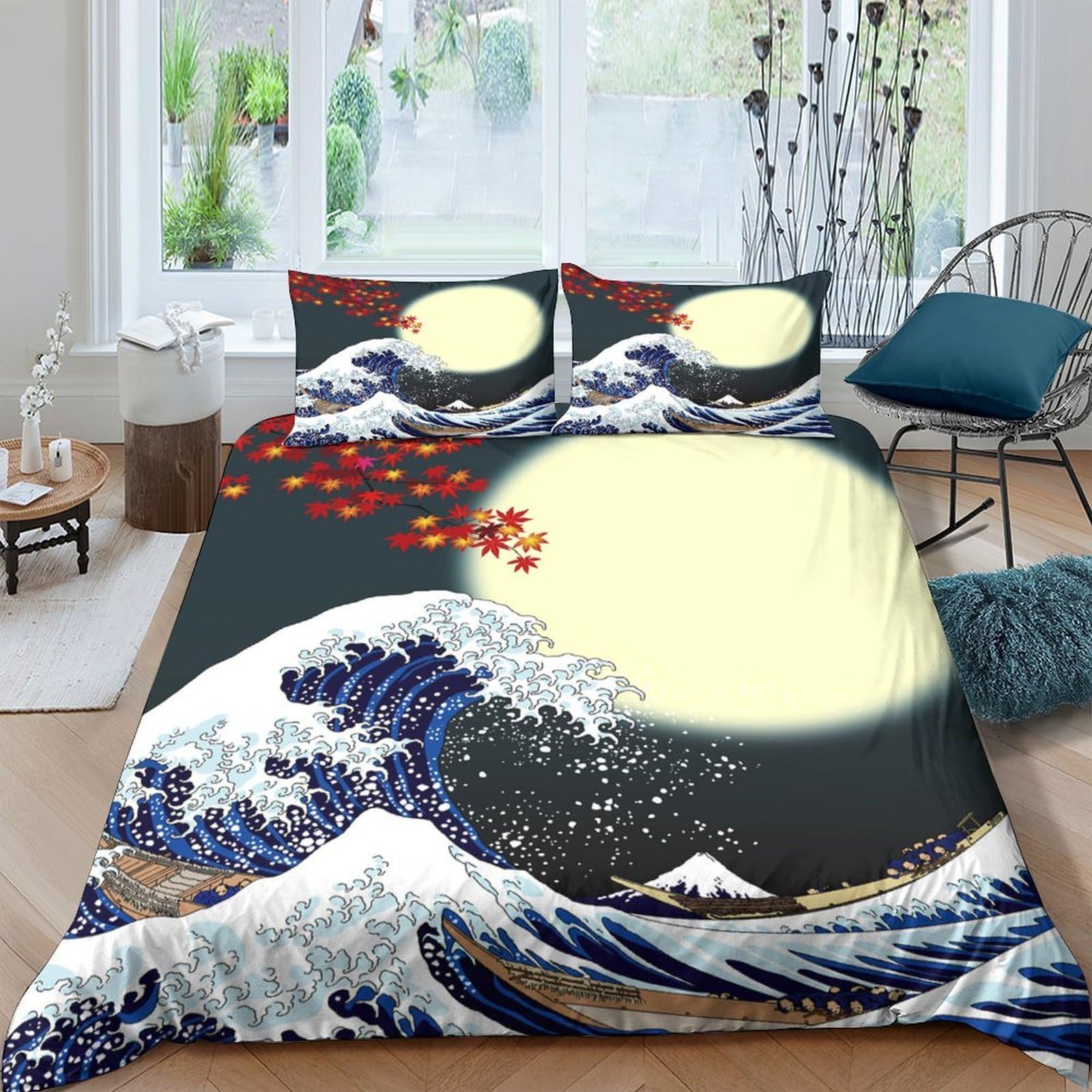 Ctjqhvkz Style-6 3D Printed Great Wave Fitted Sheet Microfiber Japanese Moon Bed Cover For Bedroom Guest Room Mattress Protection Single（135X200cm）
