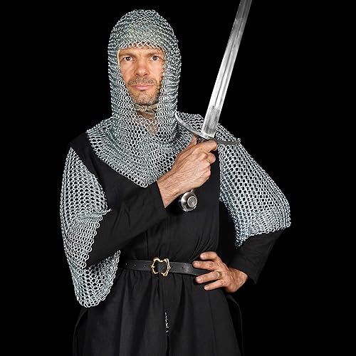 Miniatura 5 de Mythrojan Chainmail Coif Caballero medieval renacentista Armadura cadena campana de correo vikingo LARP calibre 16